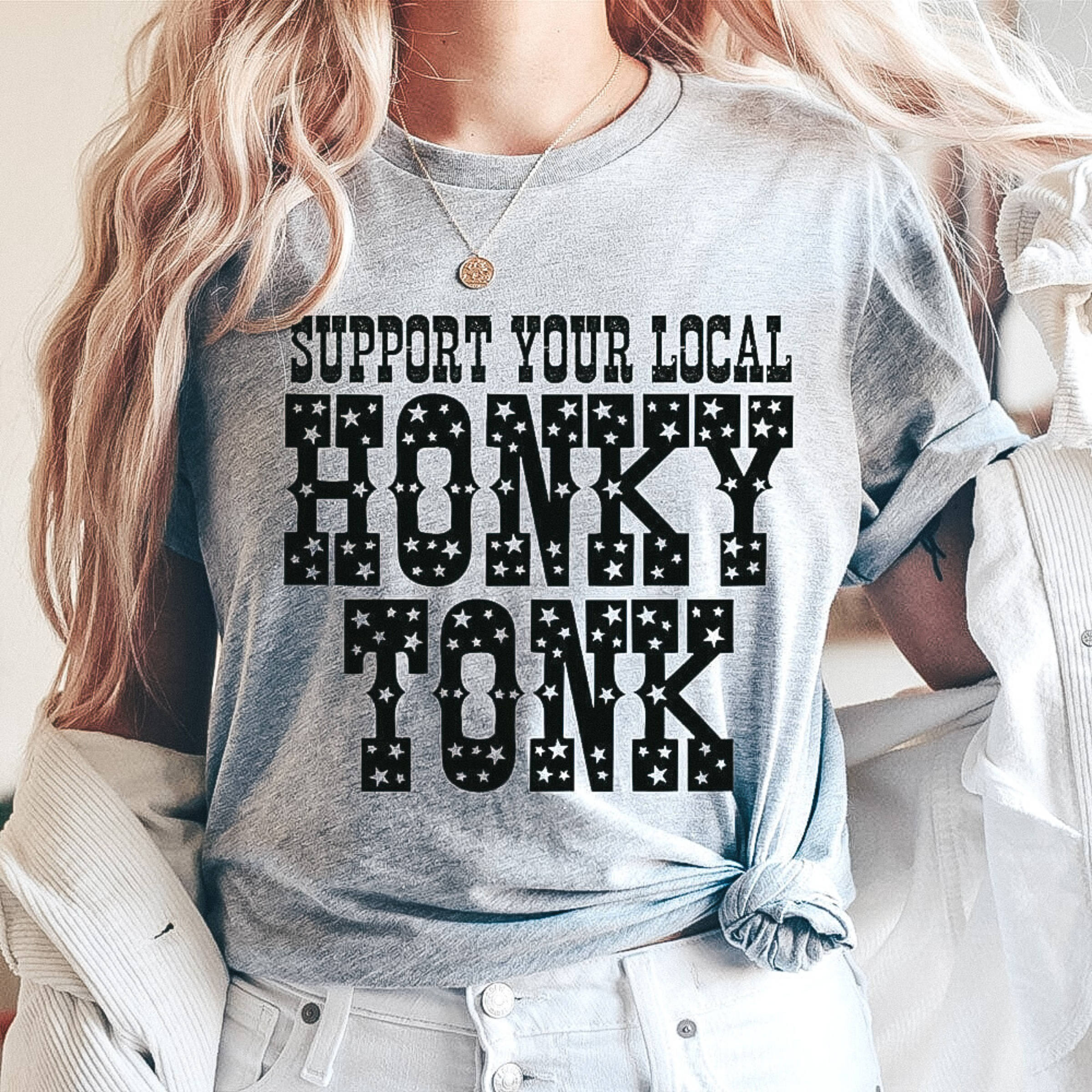 Online Exclusive | Support Your Local Honky Tonk Short Sleeve Graphic Tee in Heather Gray - Giddy Up Glamour Boutique