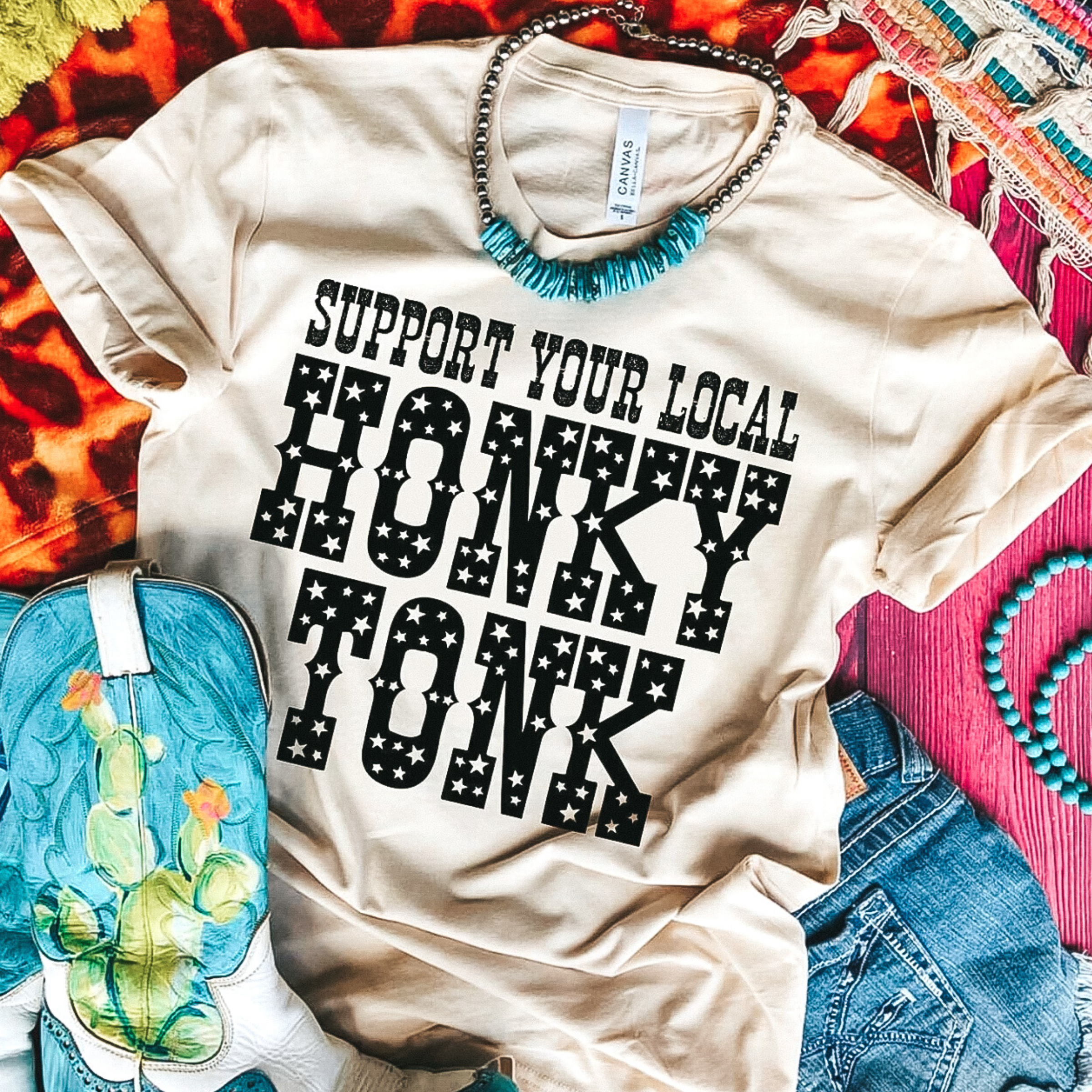 Online Exclusive | Support Your Local Honky Tonk Short Sleeve Graphic Tee in Cream - Giddy Up Glamour Boutique