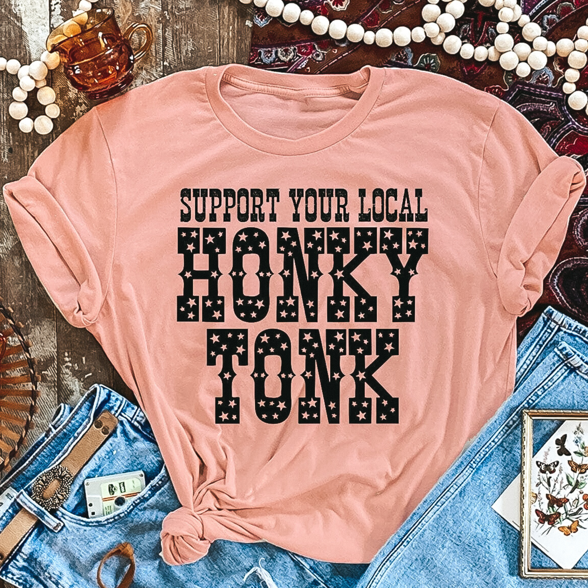 Online Exclusive | Support Your Local Honky Tonk Short Sleeve Graphic Tee in Desert Rose Pink - Giddy Up Glamour Boutique