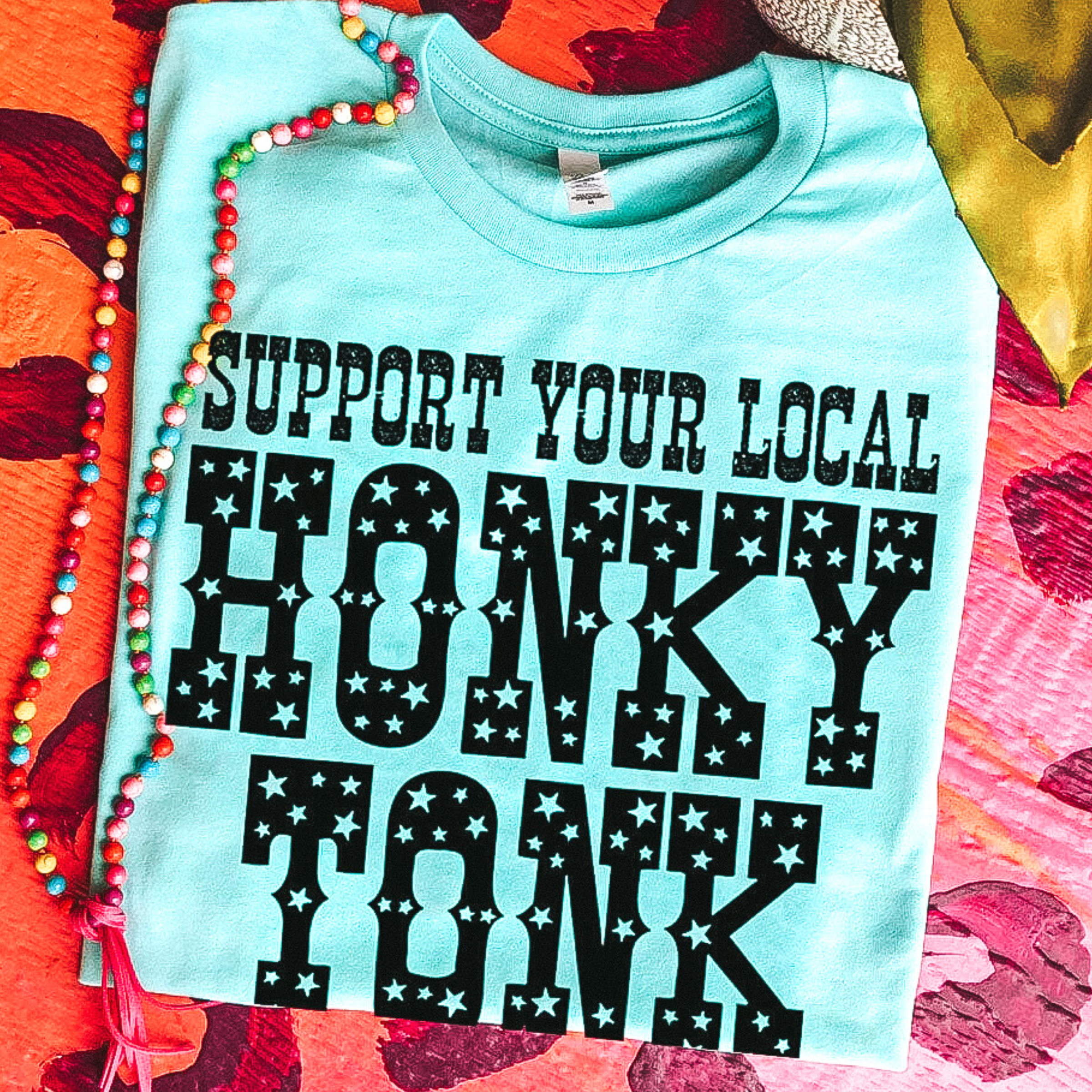 Online Exclusive | Support Your Local Honky Tonk Short Sleeve Graphic Tee in Mint Blue - Giddy Up Glamour Boutique