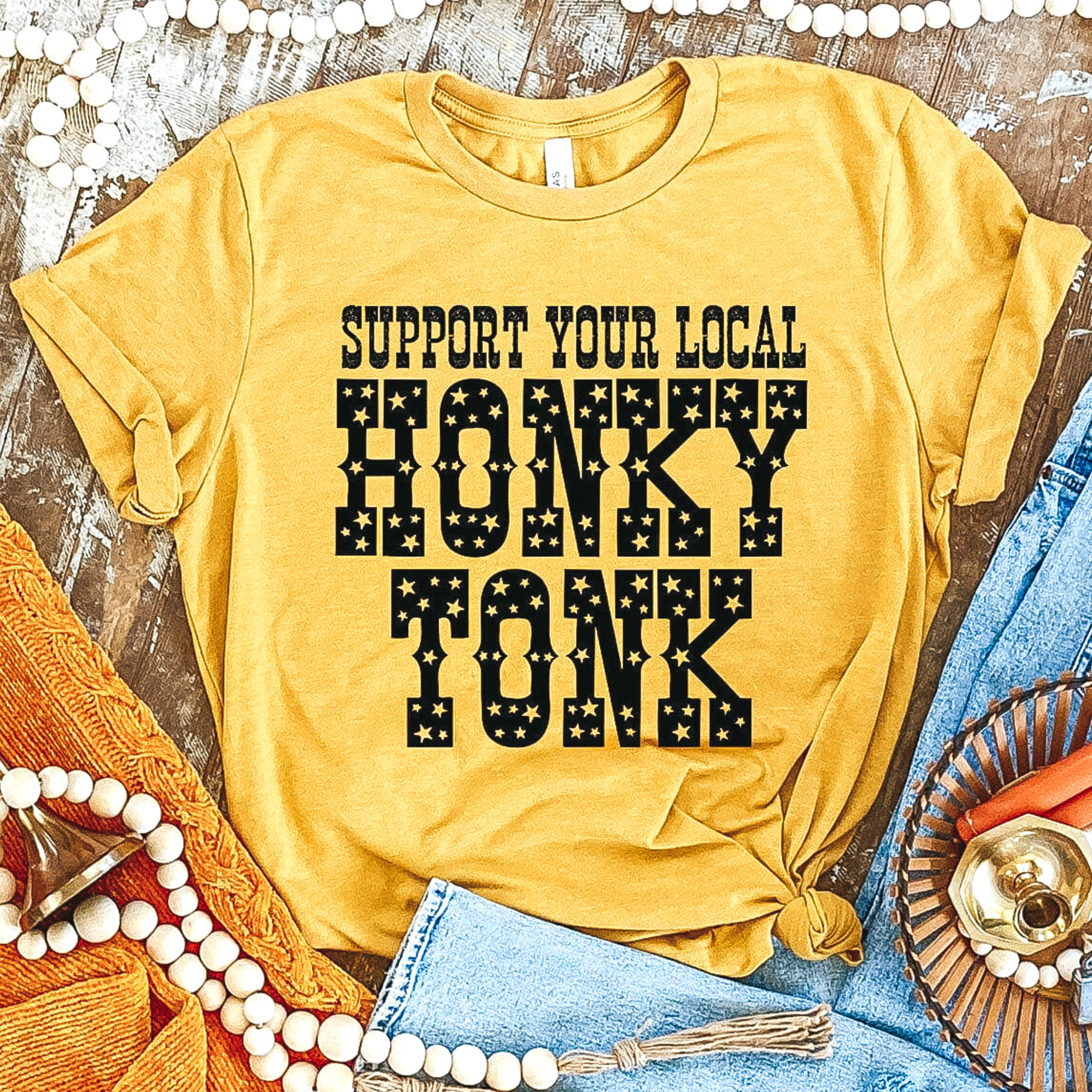 Online Exclusive | Support Your Local Honky Tonk Short Sleeve Graphic Tee in Mustard Yellow - Giddy Up Glamour Boutique