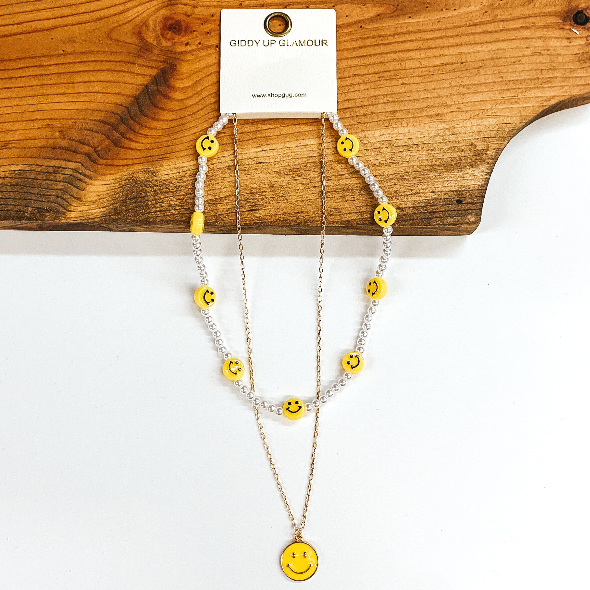 Double Layered White Beaded and Chain Necklace with Happy Face Pendant in Yellow - Giddy Up Glamour Boutique