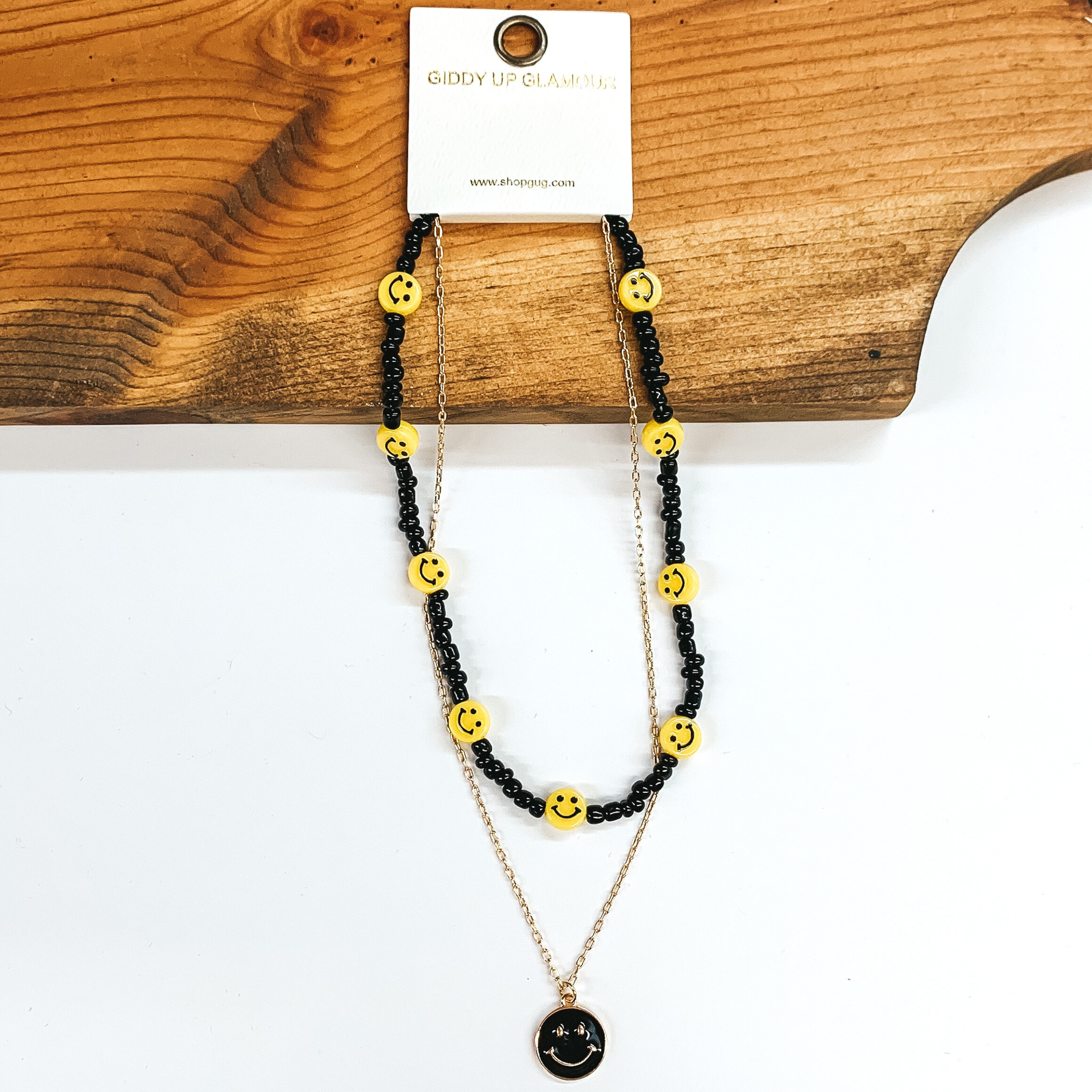 Double Layered Black Beaded and Chain Necklace with Happy Face Pendant in Black - Giddy Up Glamour Boutique