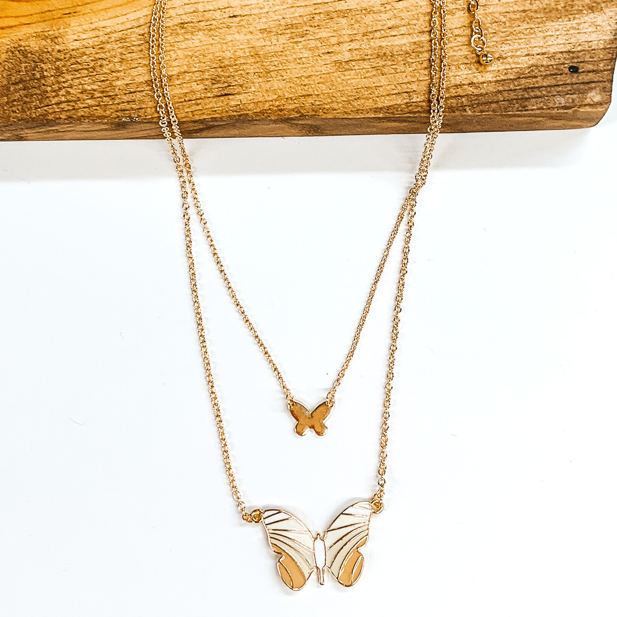 Double Gold Chain Necklace with a Butterfly Pendant in Ivory - Giddy Up Glamour Boutique