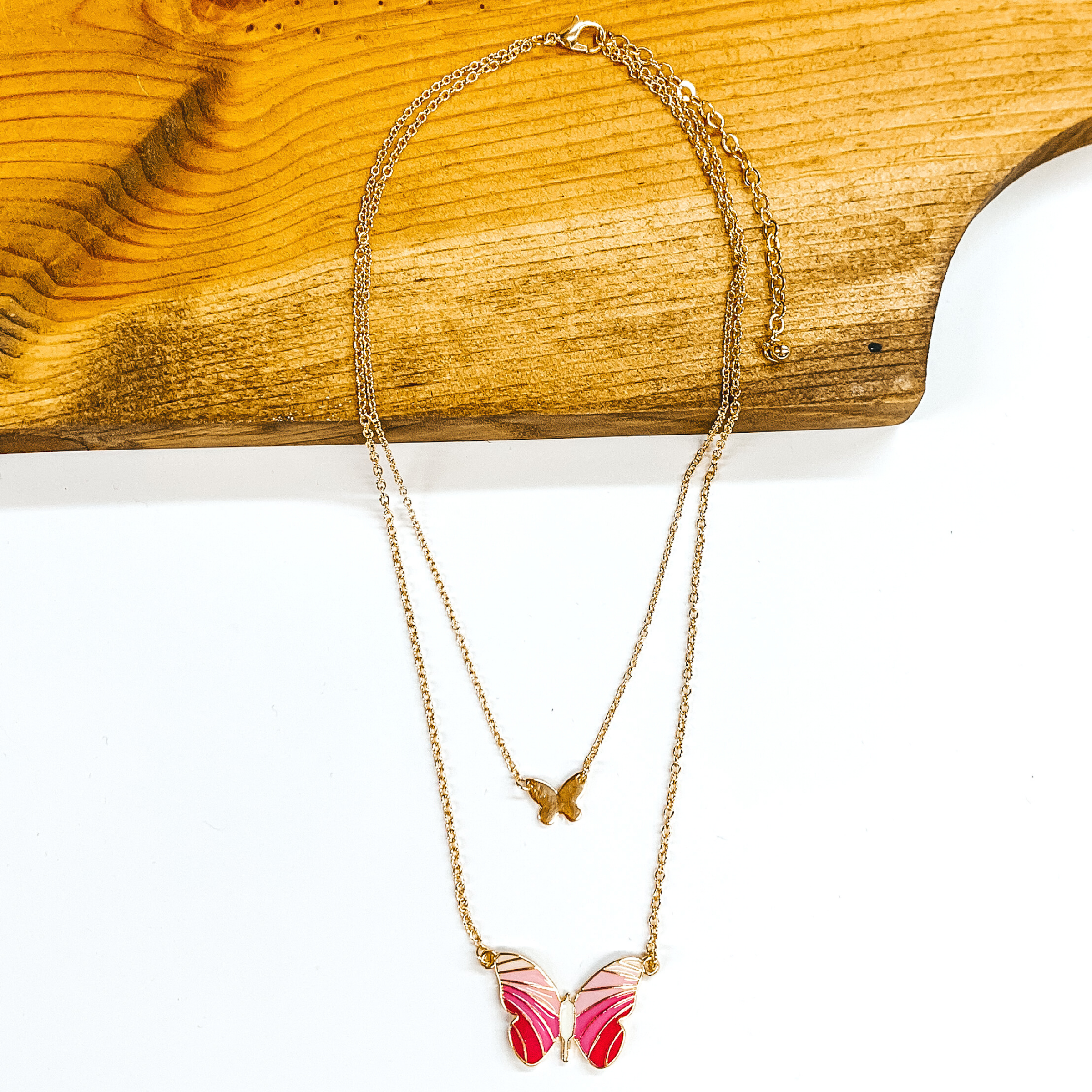 Double Gold Chain Necklace with a Butterfly Pendant in Pink - Giddy Up Glamour Boutique