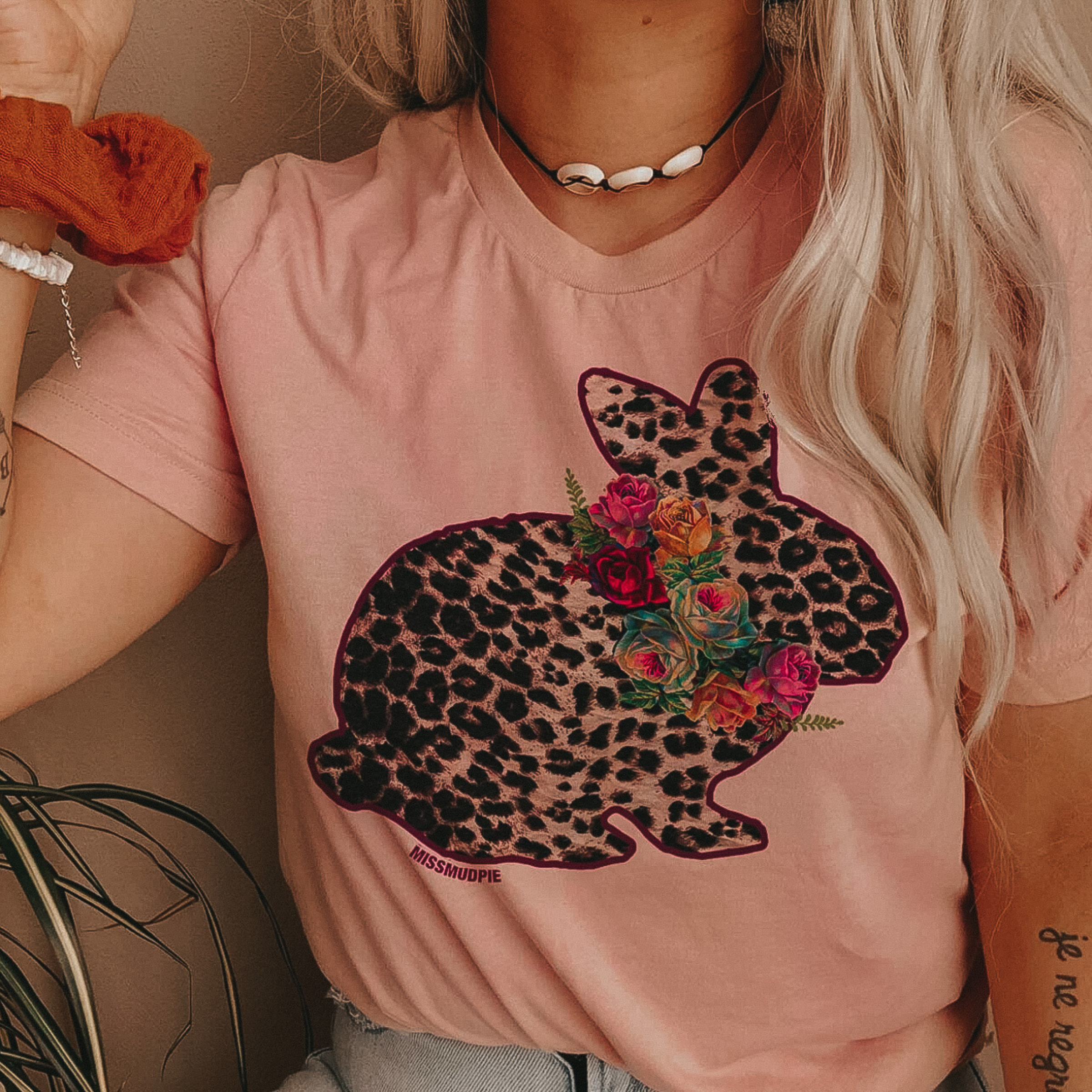 Online Exclusive | Leopard Bunny with Floral Wreath Short Sleeve Graphic Tee in Desert Rose Pink - Giddy Up Glamour Boutique