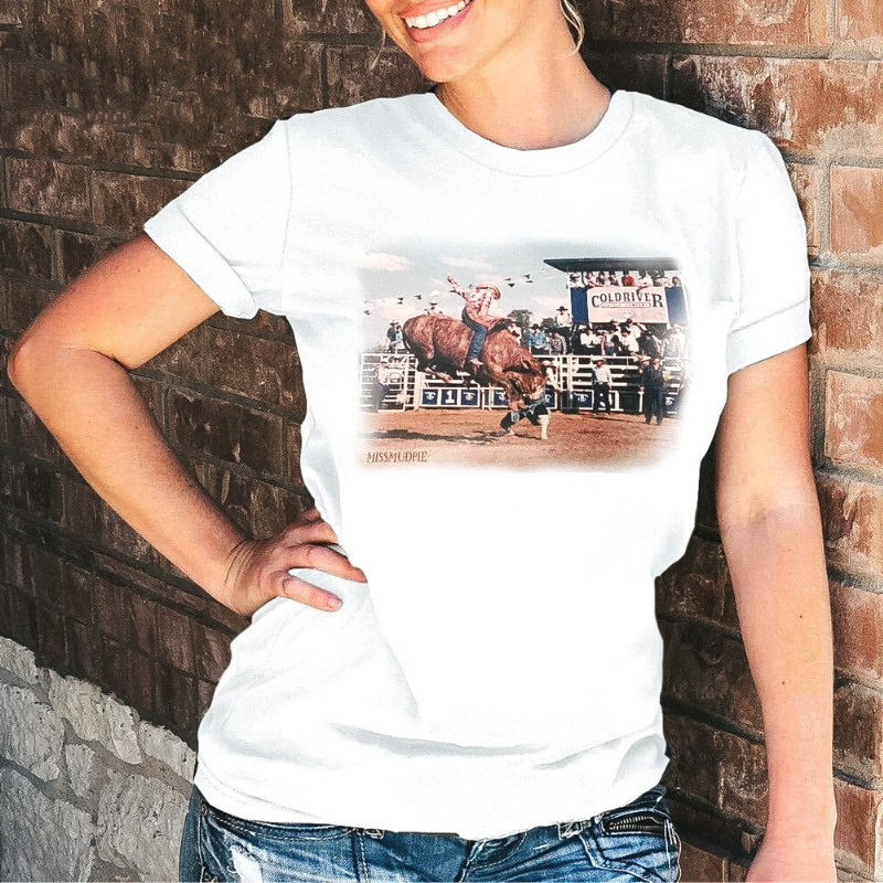 Online Exclusive | Ole HUD Vintage Bucking Bull Short Sleeve Graphic Tee in White - Giddy Up Glamour Boutique