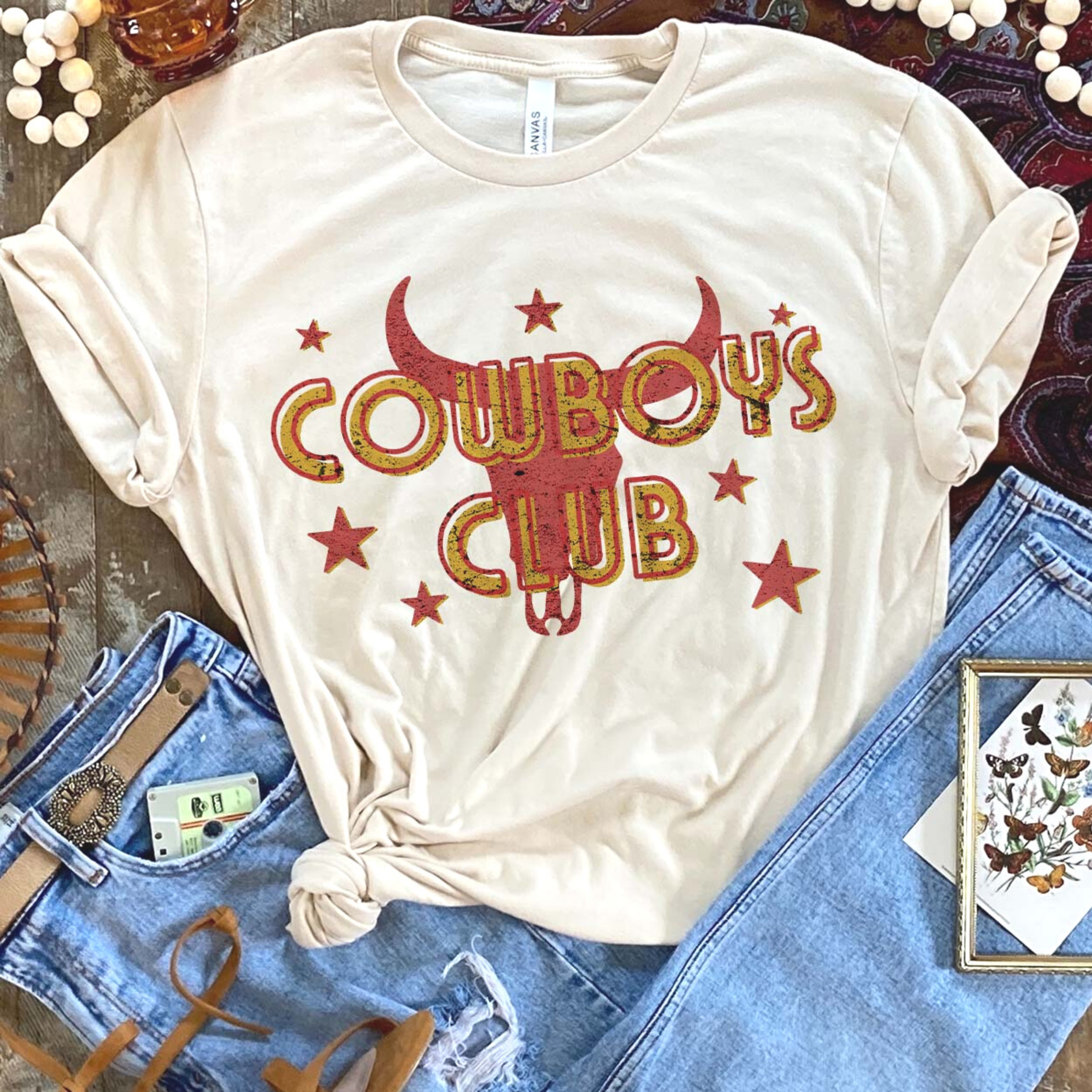 Online Exclusive | Cowboys Club Short Sleeve Graphic Tee in Cream - Giddy Up Glamour Boutique