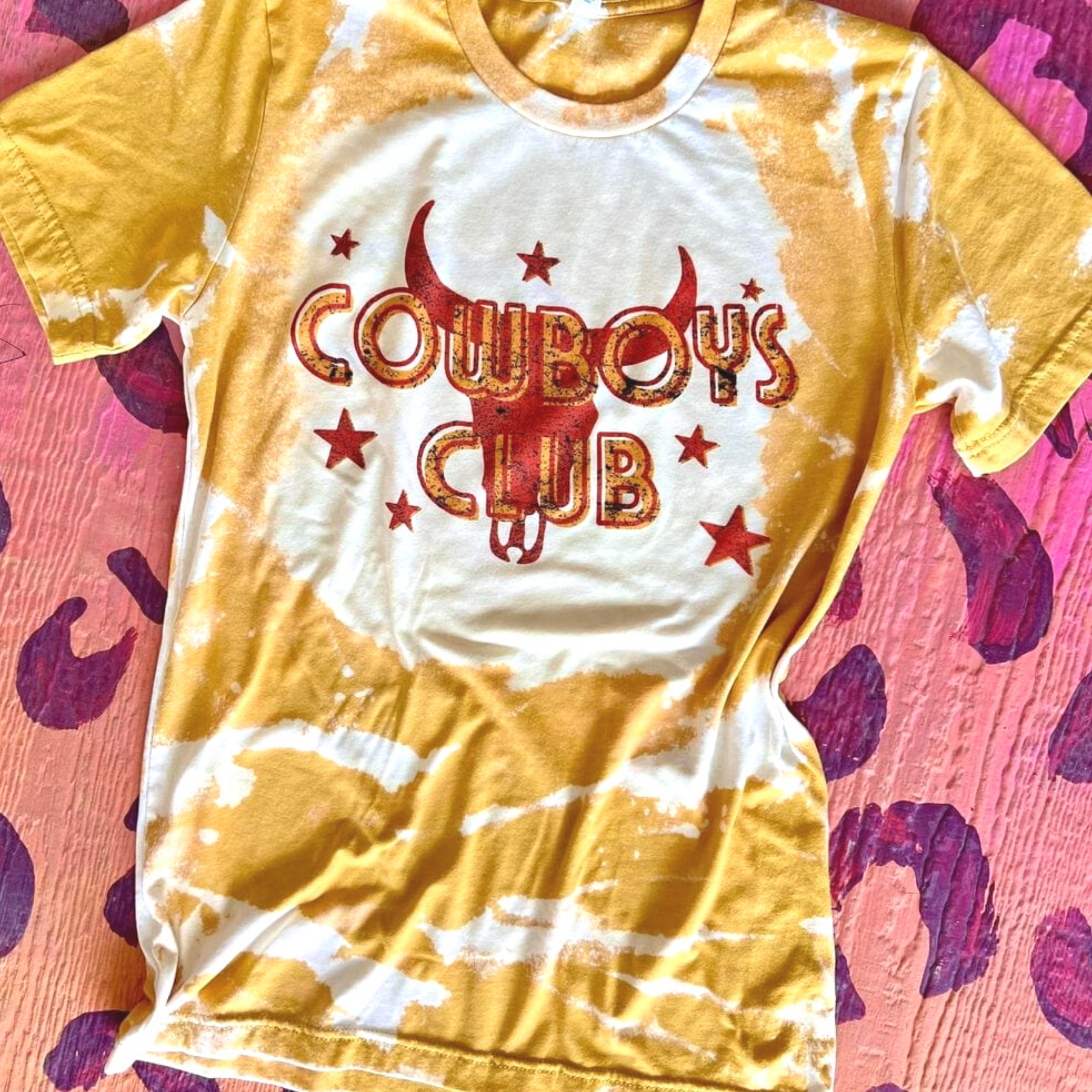 Online Exclusive | Cowboys Club Short Sleeve Bleached Graphic Tee in Mustard - Giddy Up Glamour Boutique