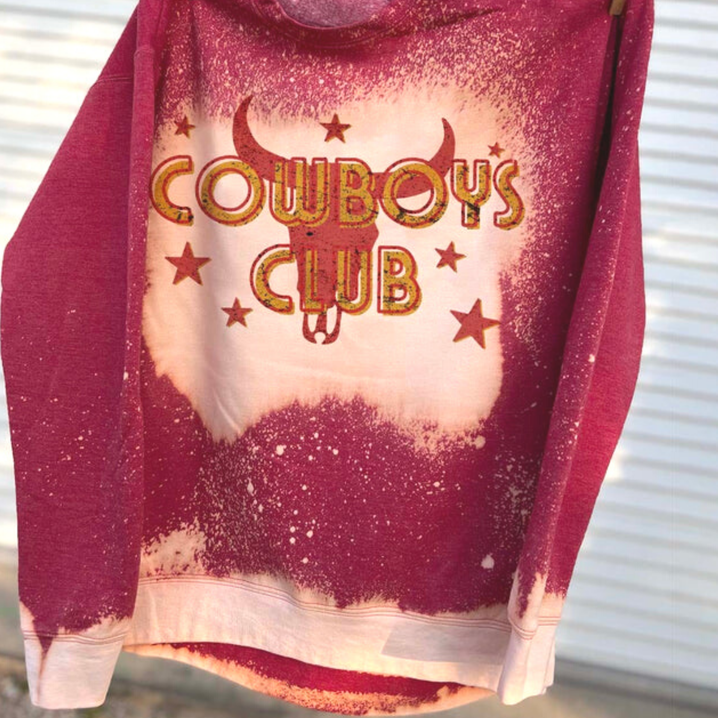 Online Exclusive | Cowboys Club Long Sleeve Bleached Graphic Sweatshirt in Red - Giddy Up Glamour Boutique