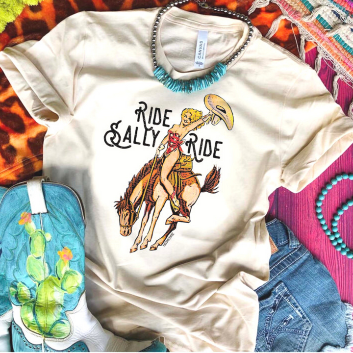 Online Exclusive | Ride Sally Ride Short Sleeve Graphic Tee in Cream - Giddy Up Glamour Boutique
