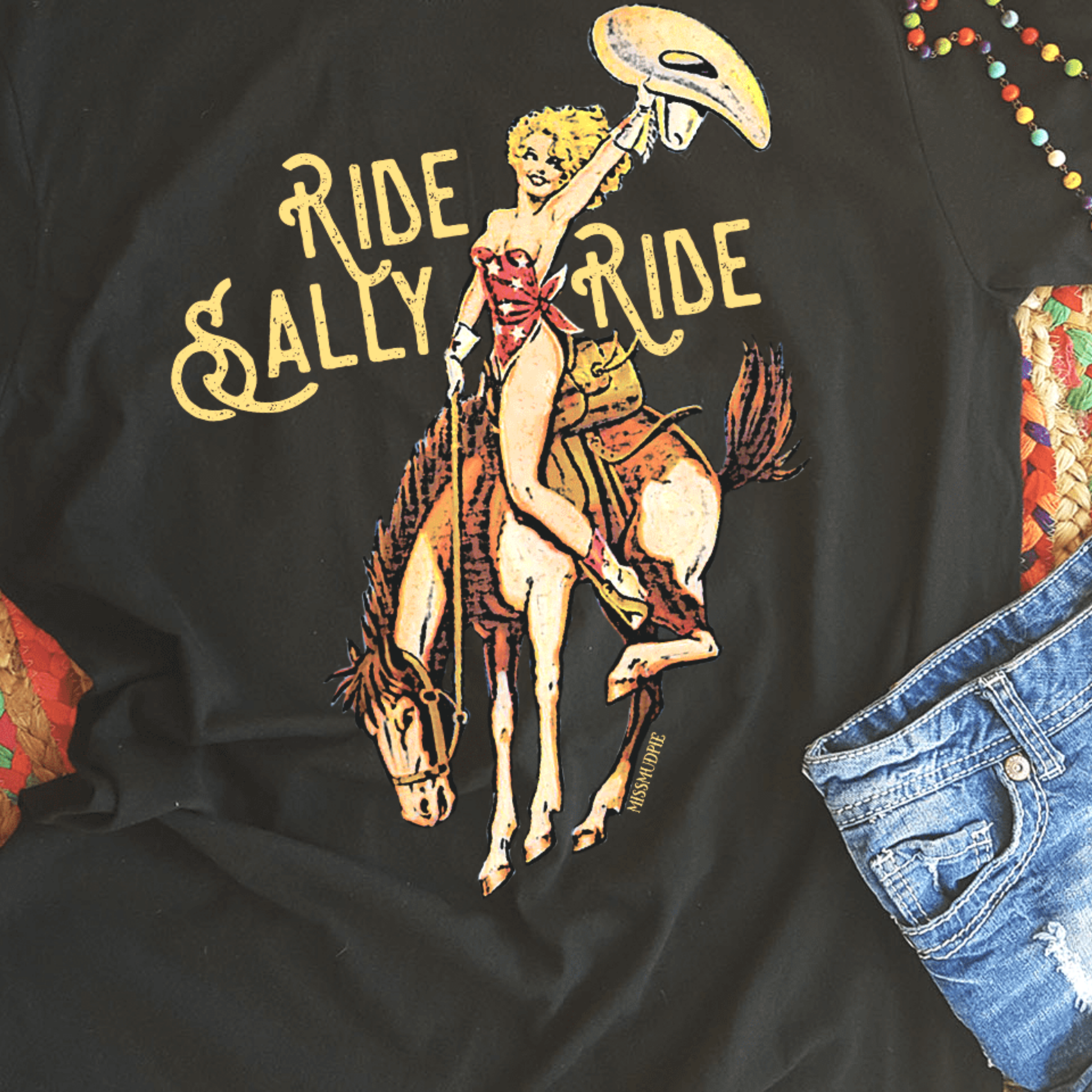 Online Exclusive | Ride Sally Ride Short Sleeve Graphic Tee in Black - Giddy Up Glamour Boutique