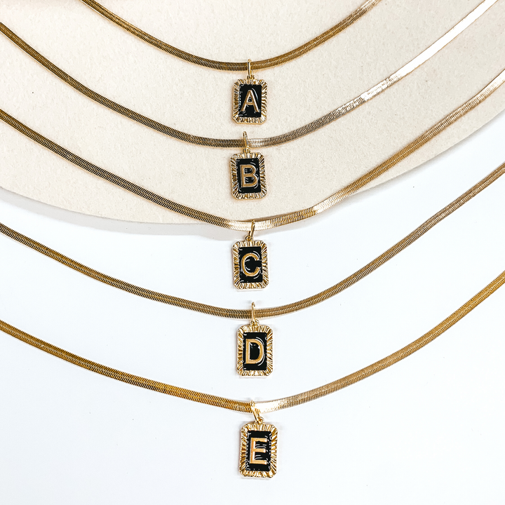 Gold Tone Herringbone Chain Necklace with Rectangle Initial Pendant in Black - Giddy Up Glamour Boutique