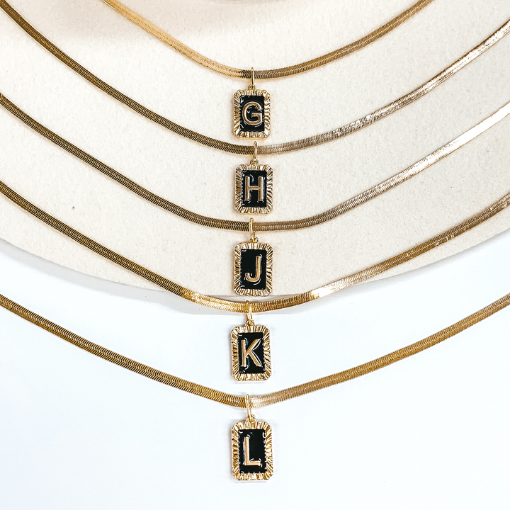 Gold Tone Herringbone Chain Necklace with Rectangle Initial Pendant in Black - Giddy Up Glamour Boutique