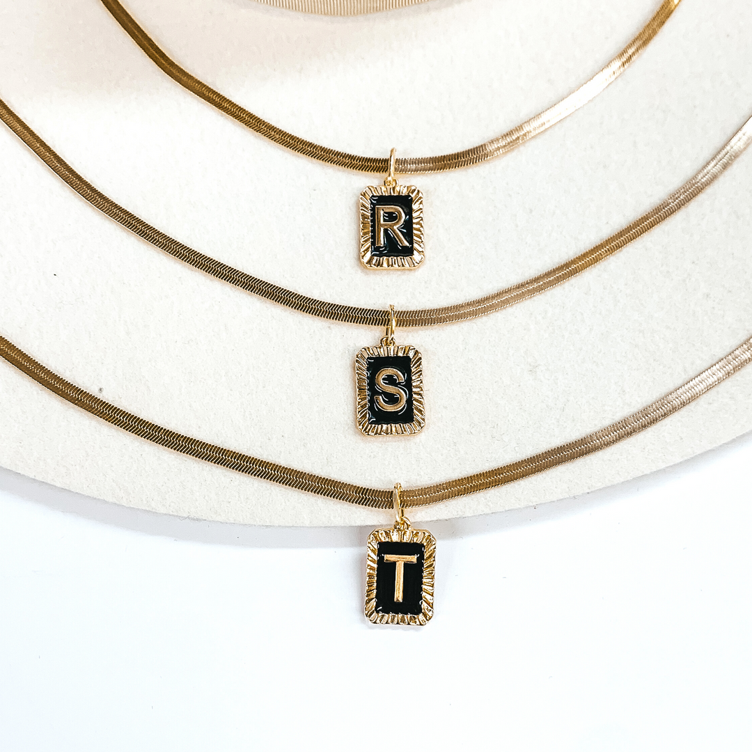 Gold Tone Herringbone Chain Necklace with Rectangle Initial Pendant in Black - Giddy Up Glamour Boutique
