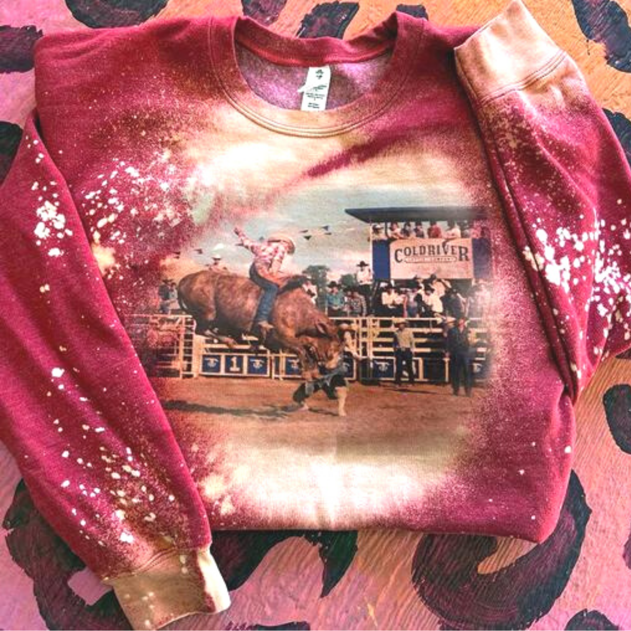 Online Exclusive | Ole Hud Long Sleeve Bleached Graphic Sweatshirt in Red - Giddy Up Glamour Boutique