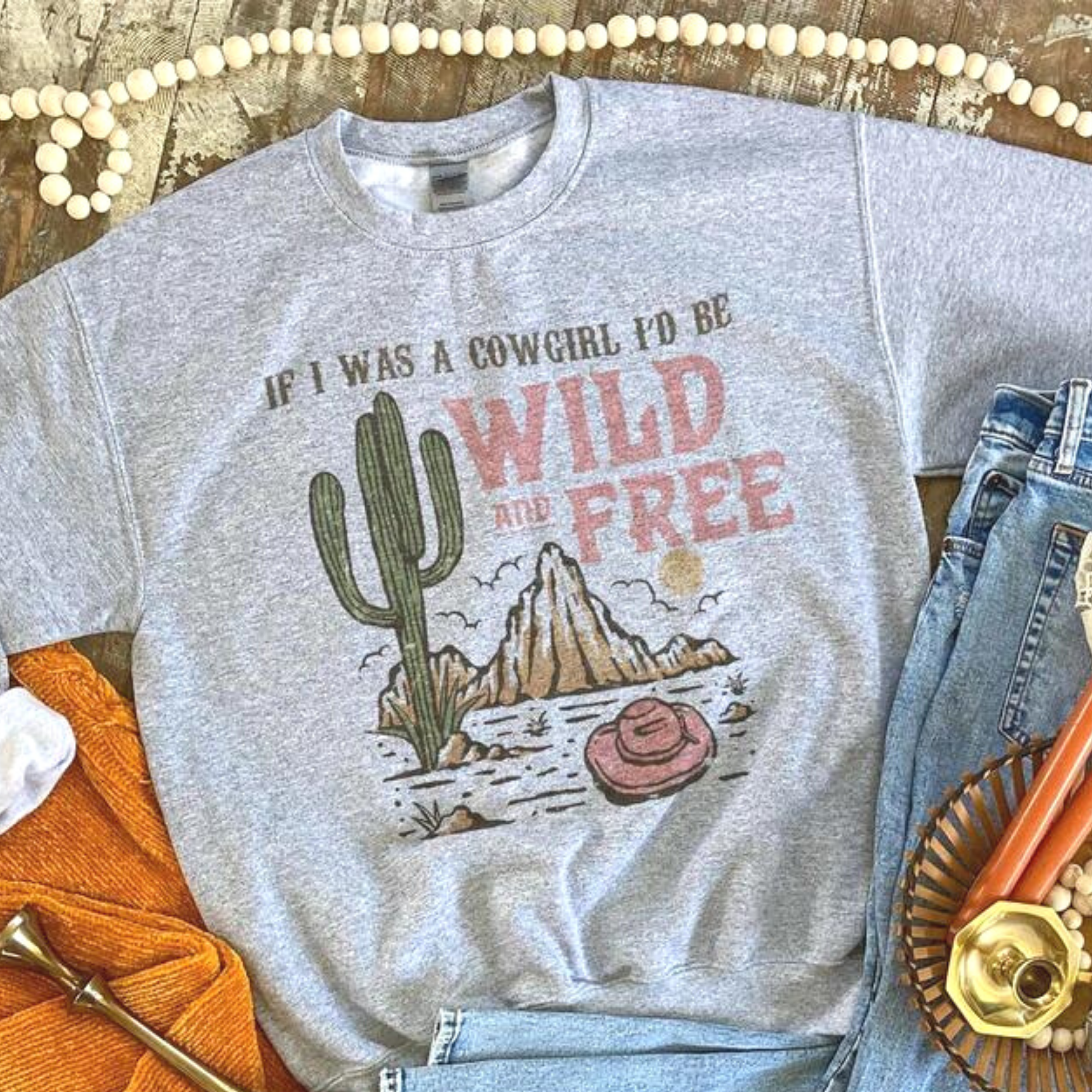 Online Exclusive | If I Was A Cowgirl Long Sleeve Sweatshirt in Gray - Giddy Up Glamour Boutique