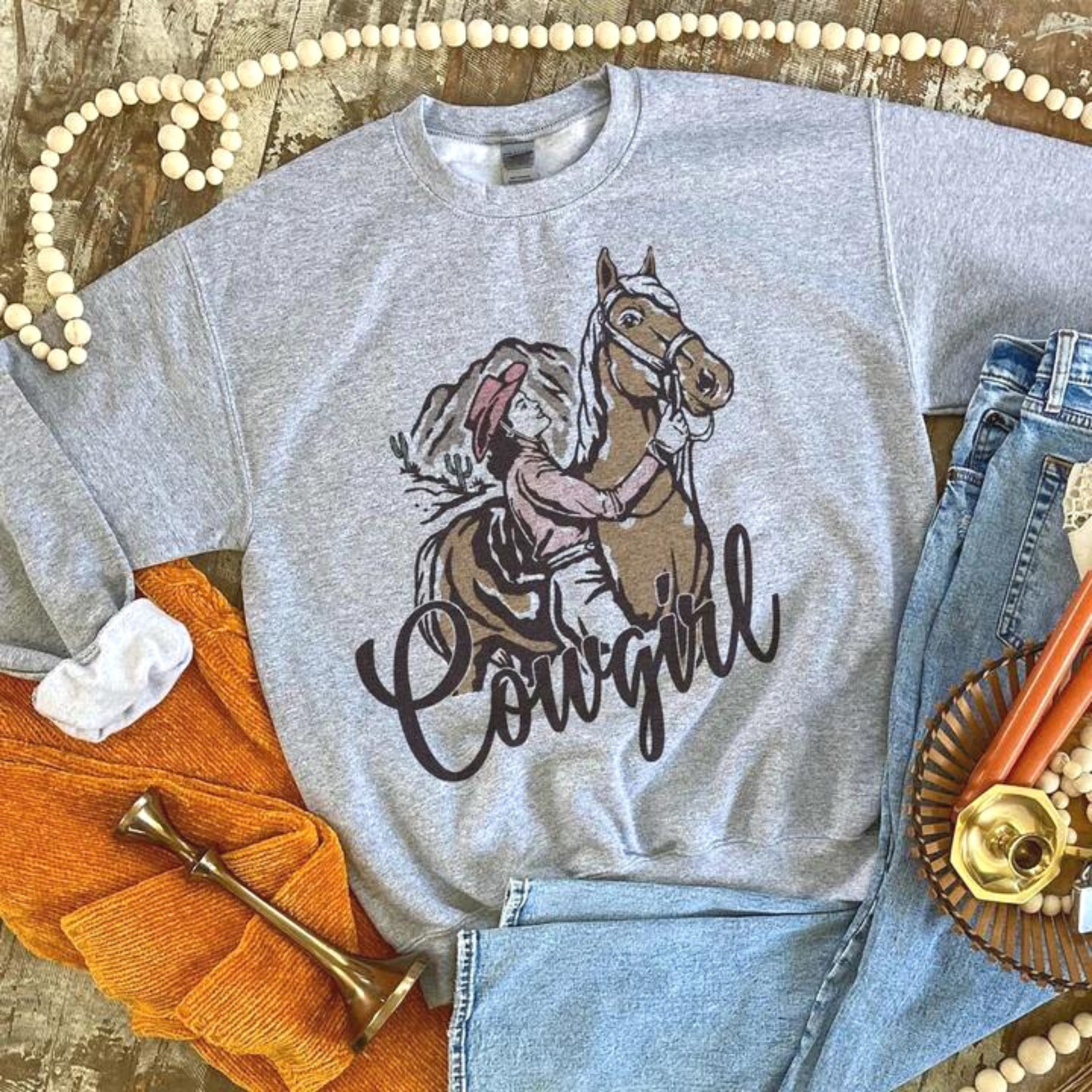 Online Exclusive | Cowgirl and Horse Long Sleeve Sweatshirt in Gray - Giddy Up Glamour Boutique