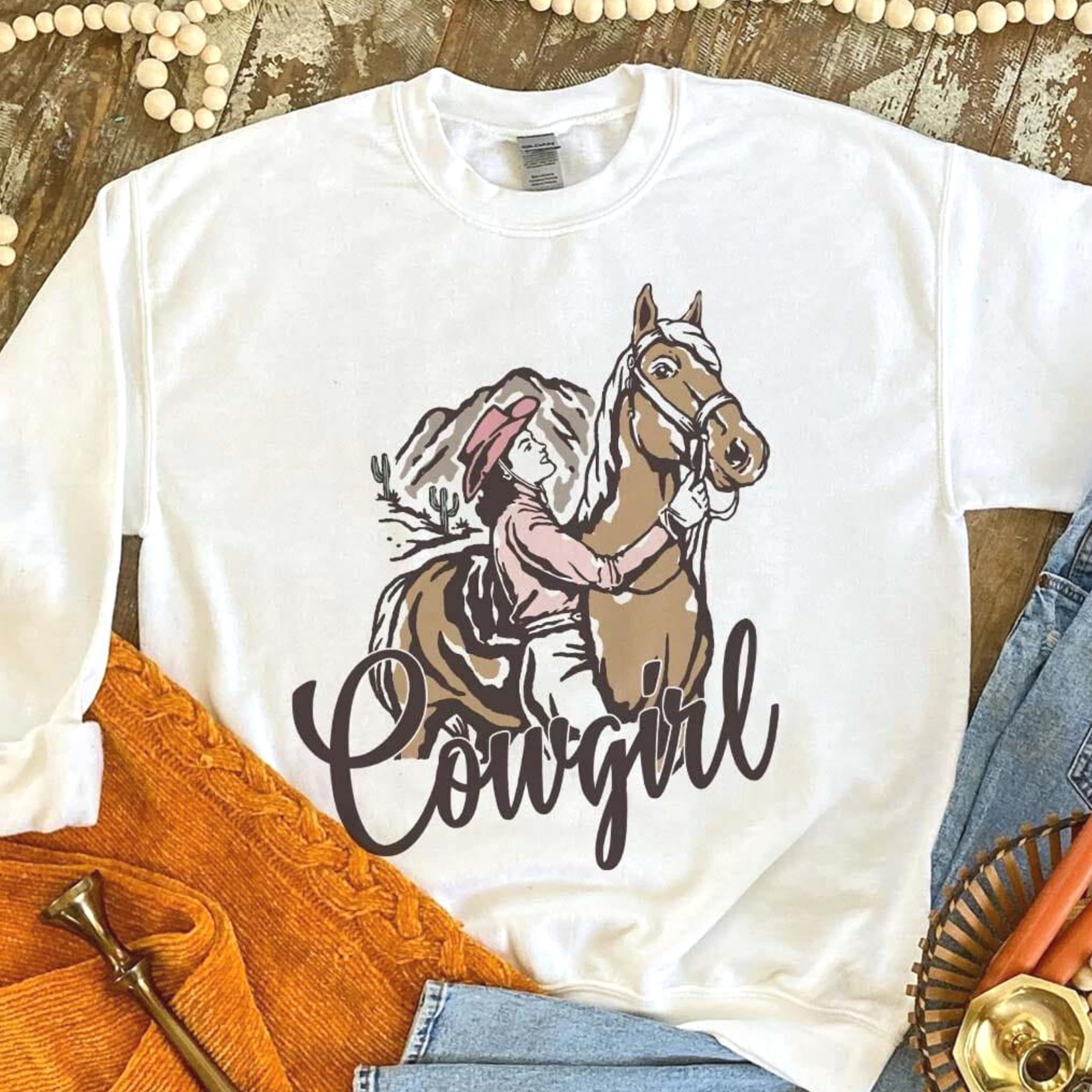 Online Exclusive | Cowgirl and Horse Long Sleeve Sweatshirt in White - Giddy Up Glamour Boutique