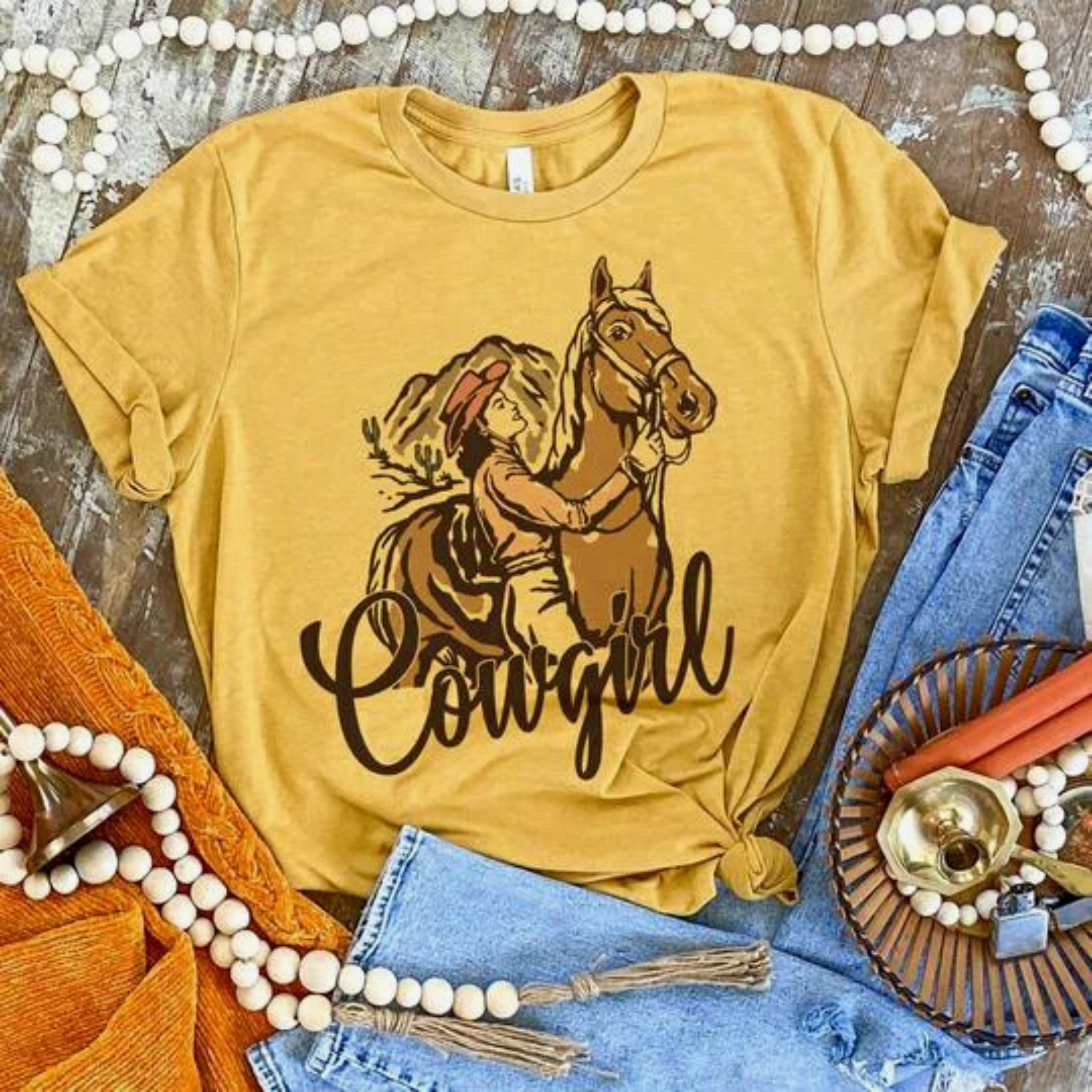 Online Exclusive | Cowgirl and Horse Short Sleeve Graphic Tee in Mustard Yellow - Giddy Up Glamour Boutique