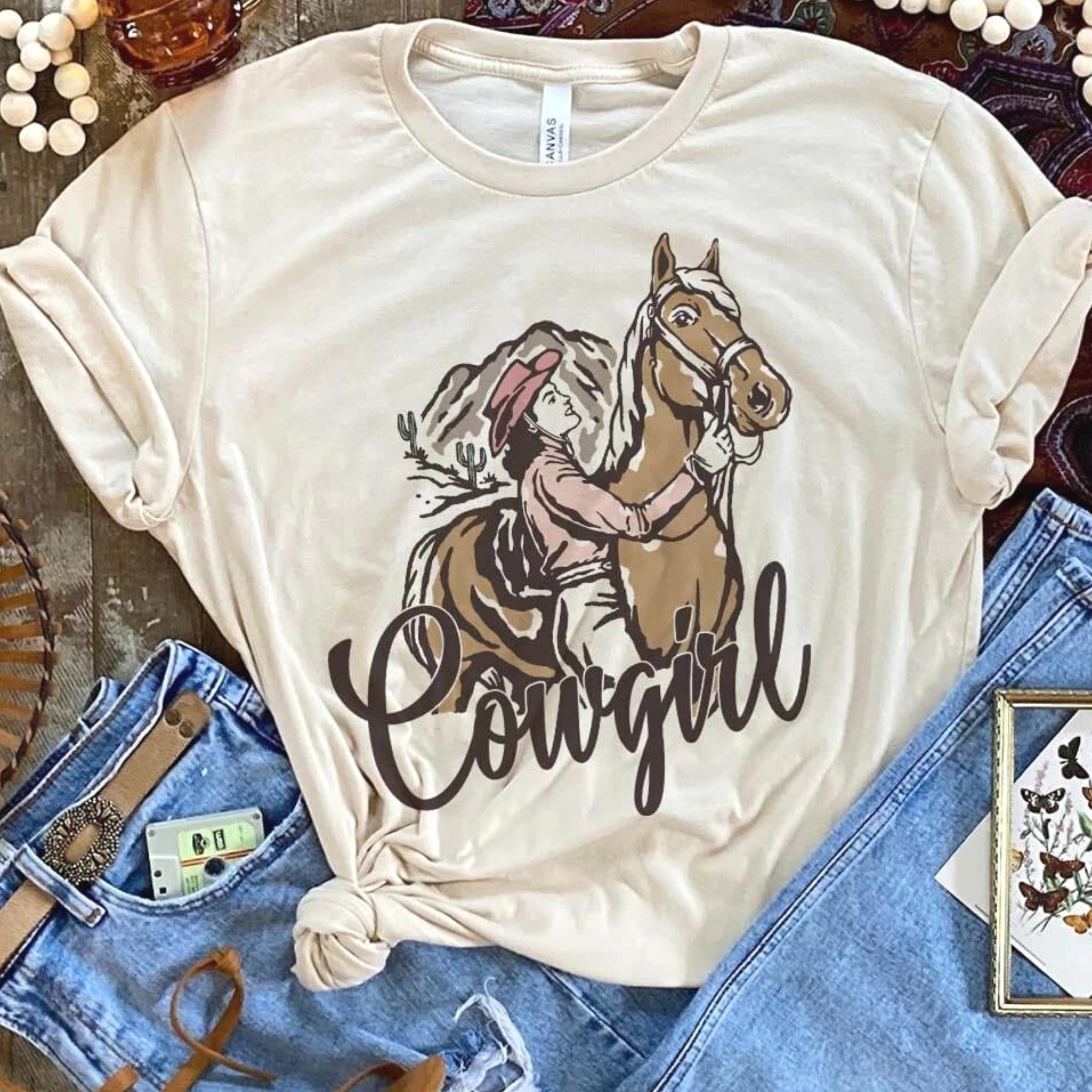 Online Exclusive | Cowgirl and Horse Short Sleeve Graphic Tee in Cream - Giddy Up Glamour Boutique