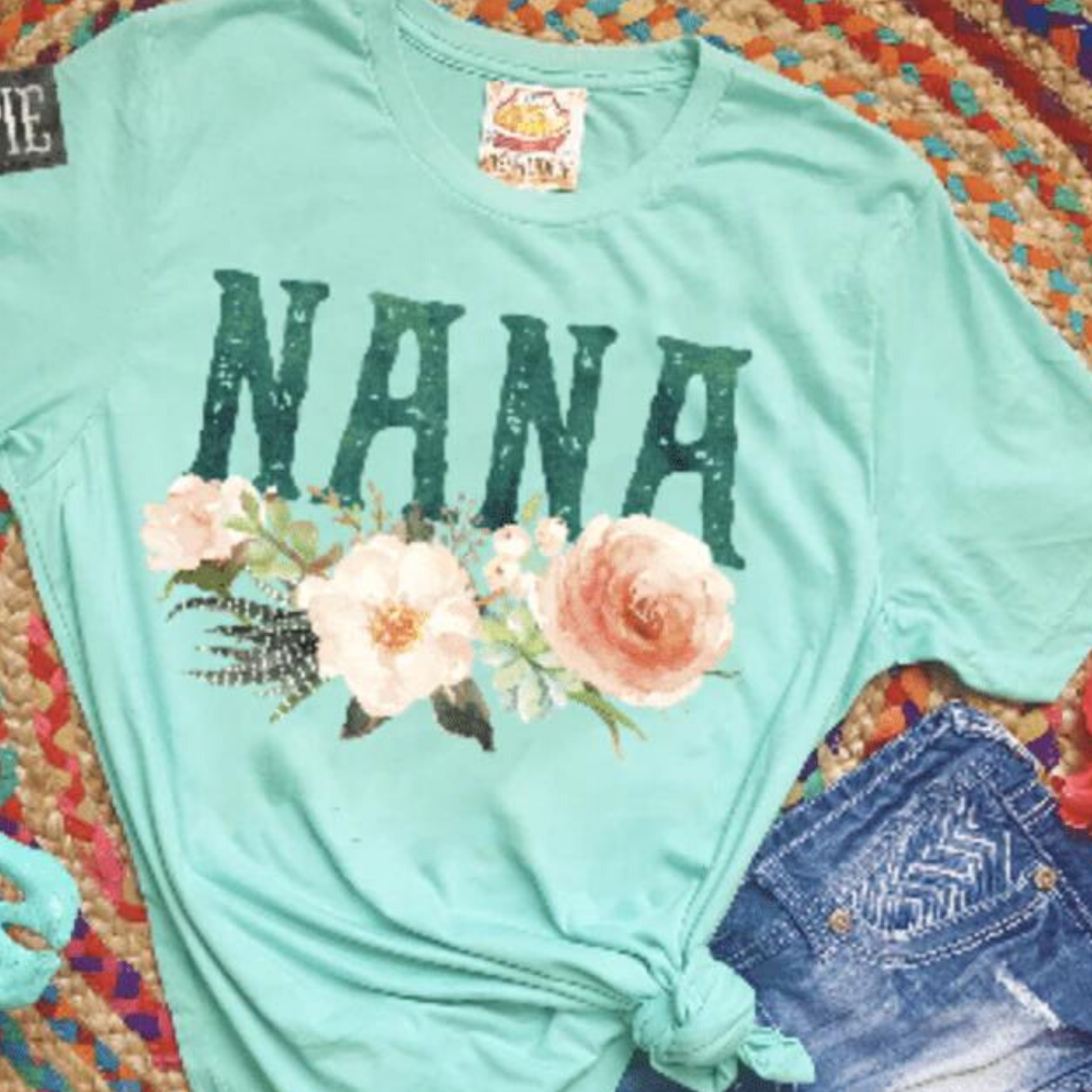 Online Exclusive | Nana Short Sleeve Floral Graphic Tee in Mint - Giddy Up Glamour Boutique