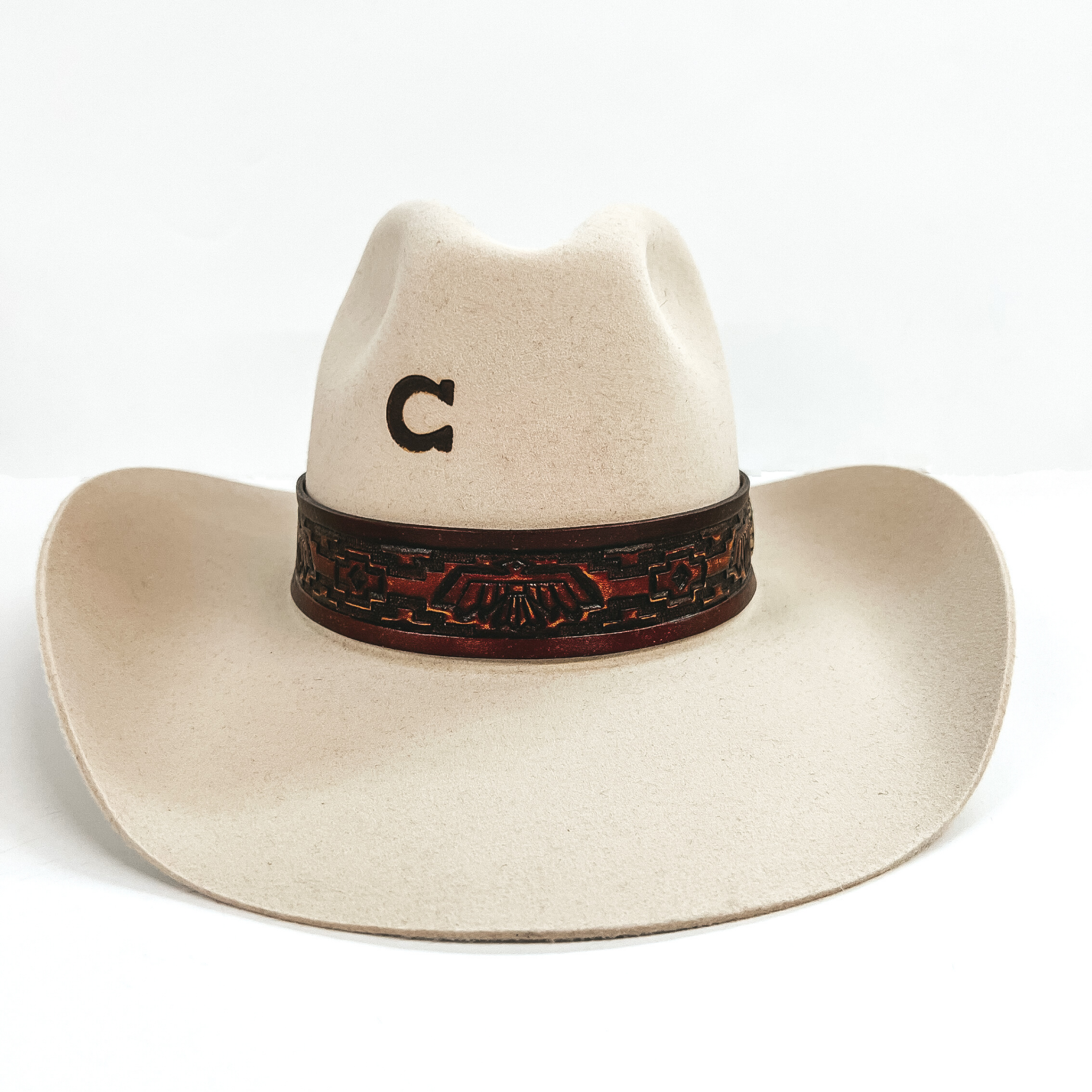 Charlie 1 Horse | Chief Wool Felt Hat with Leather Tooled Band and Silver Concho in Bone - Giddy Up Glamour Boutique