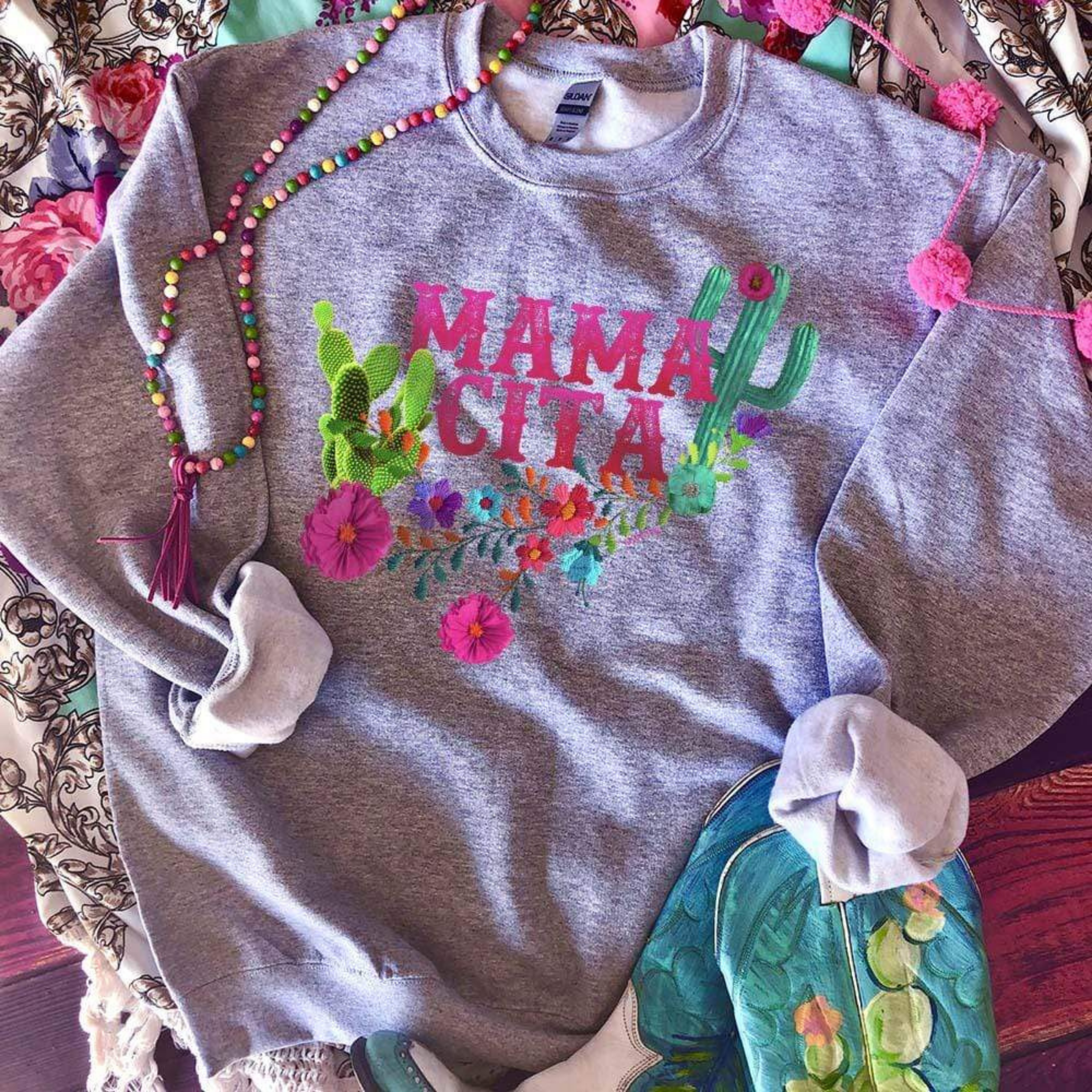 Online Exclusive | Mamacita Long Sleeve Graphic Cactus Sweatshirt in Gray - Giddy Up Glamour Boutique