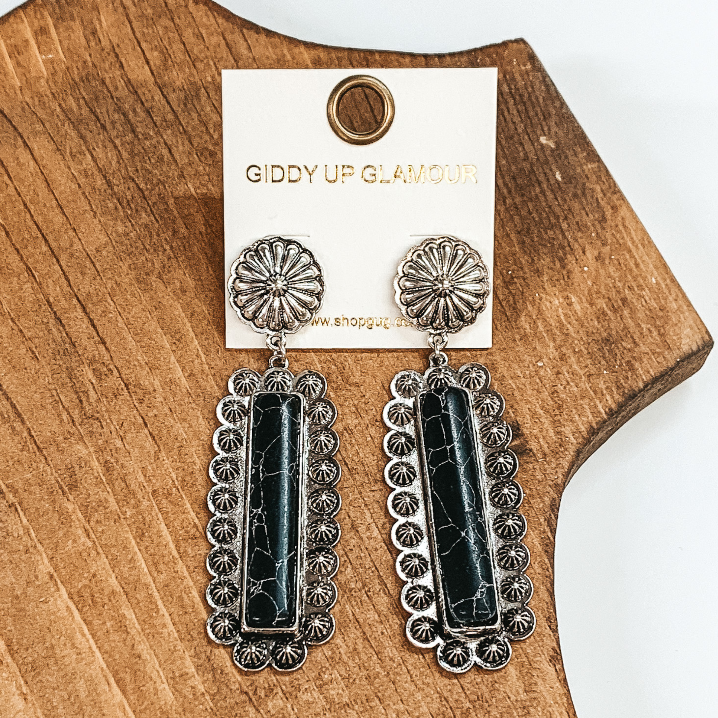 Circle Concho Post Earrings with Rectangle Drop in Black - Giddy Up Glamour Boutique