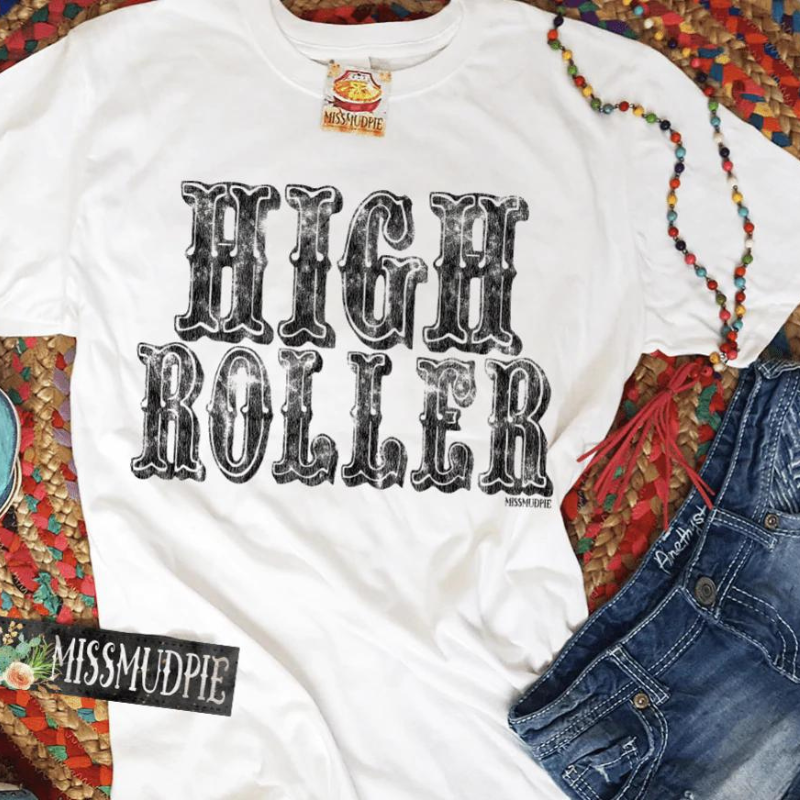 Online Exclusive | High Roller Short Sleeve Graphic Tee in White - Giddy Up Glamour Boutique