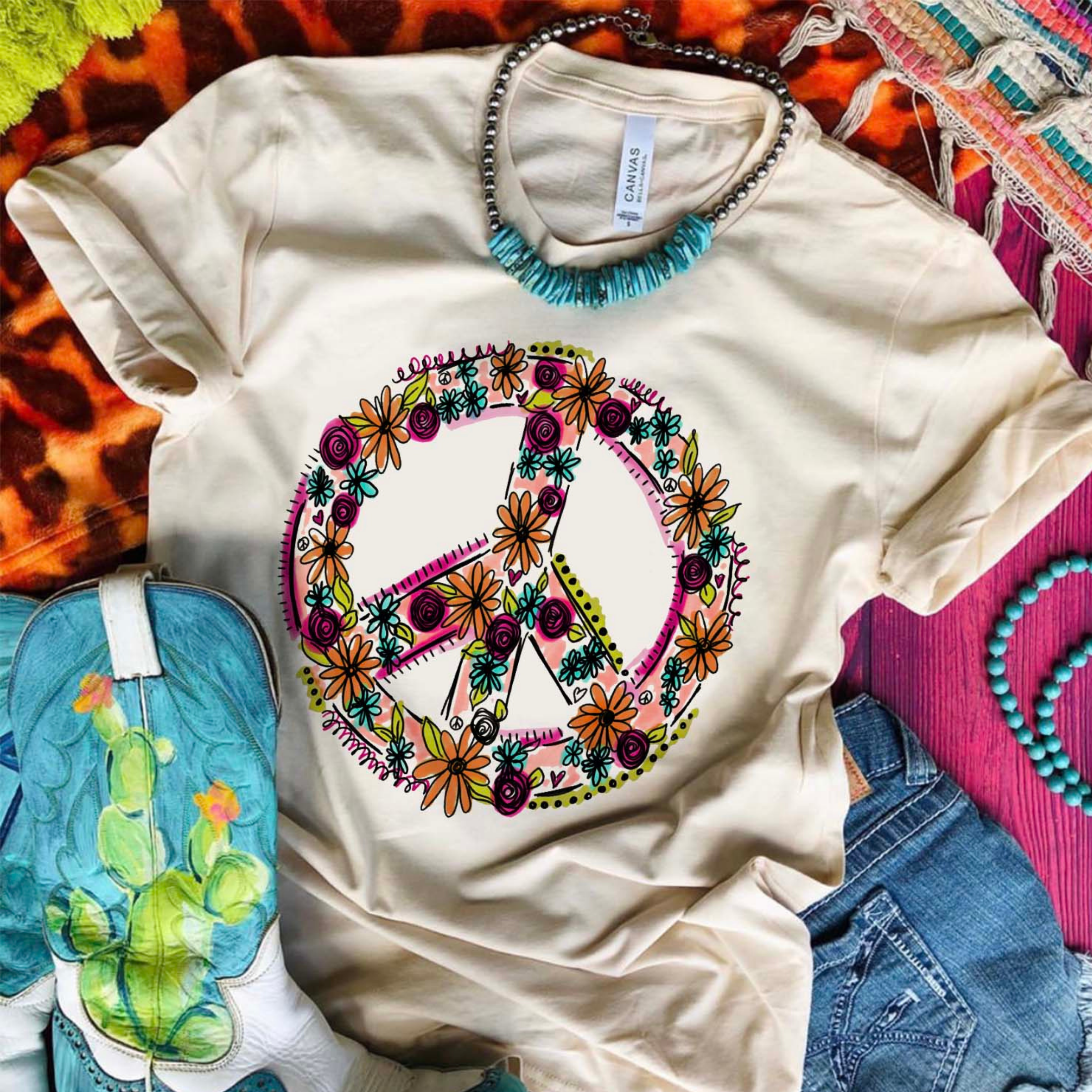 Online Exclusive | Peace Sign Short Sleeve Floral Graphic Tee in Cream - Giddy Up Glamour Boutique