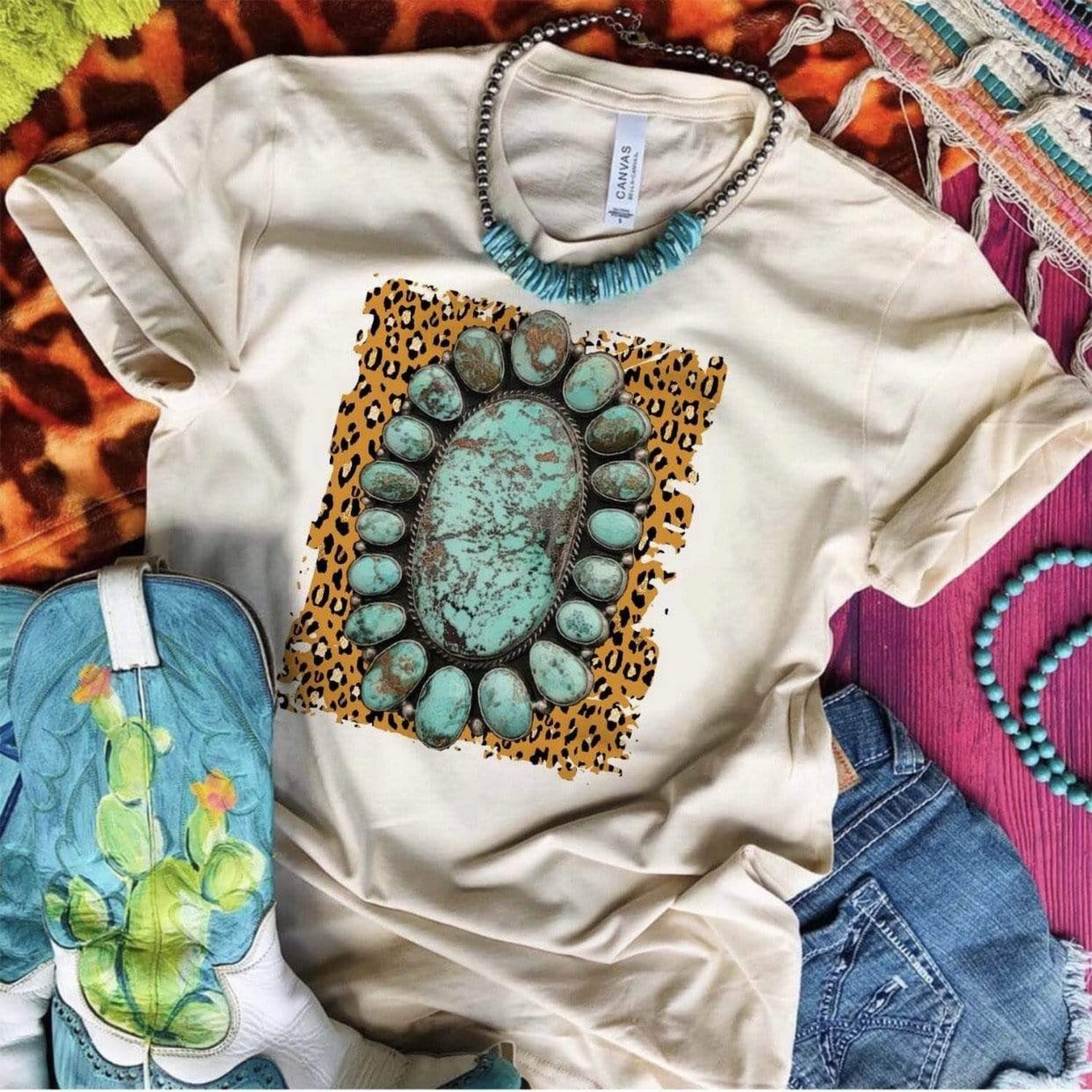 Online Exclusive | Turquoise Stone Short Sleeve Leopard Graphic Tee in Cream - Giddy Up Glamour Boutique