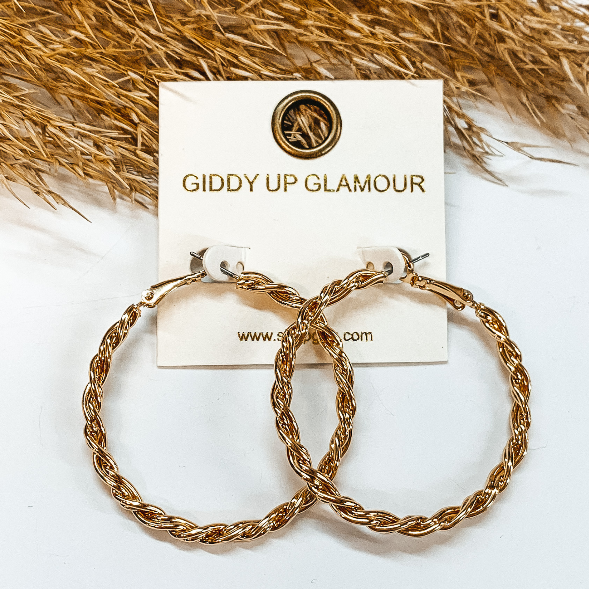 These are thick twisted gold hoops. Taken in a  white background with a brown plant as decor.