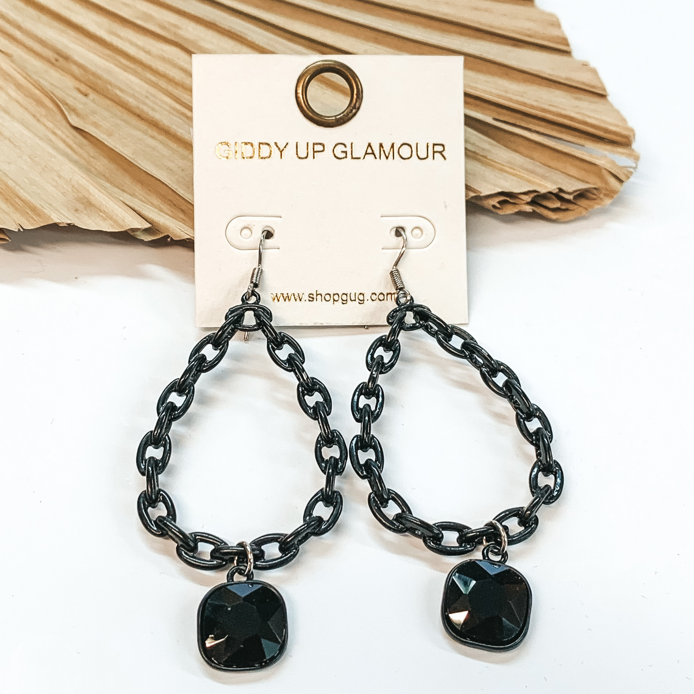 Chain Teardrop Dangle Black Earrings with Black Cushion Cut Crystal - Giddy Up Glamour Boutique