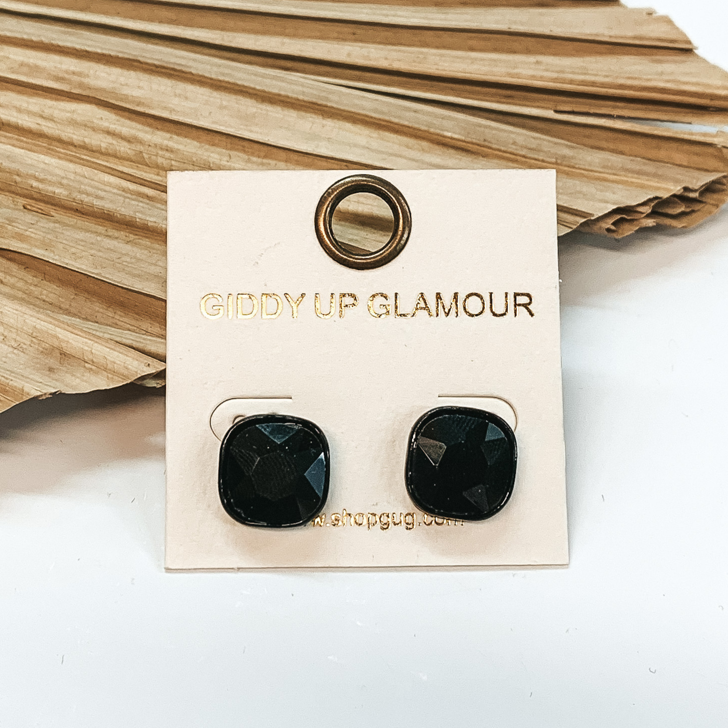 Black studded earrings with black cushion cut crystal. These earrings are pictured on a white background with a dried  palm leaf in the background.