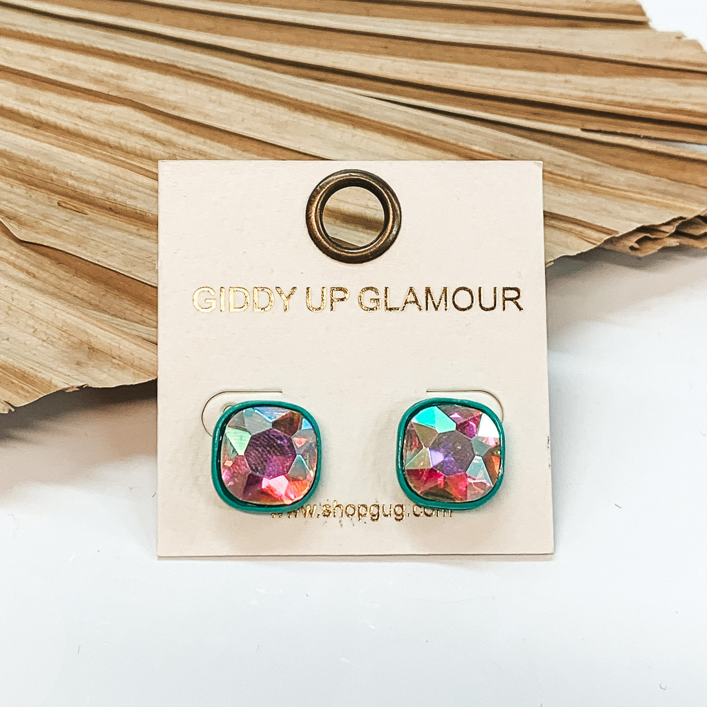 AB Cushion Cut Crystal Stud Earrings in Turquoise - Giddy Up Glamour Boutique