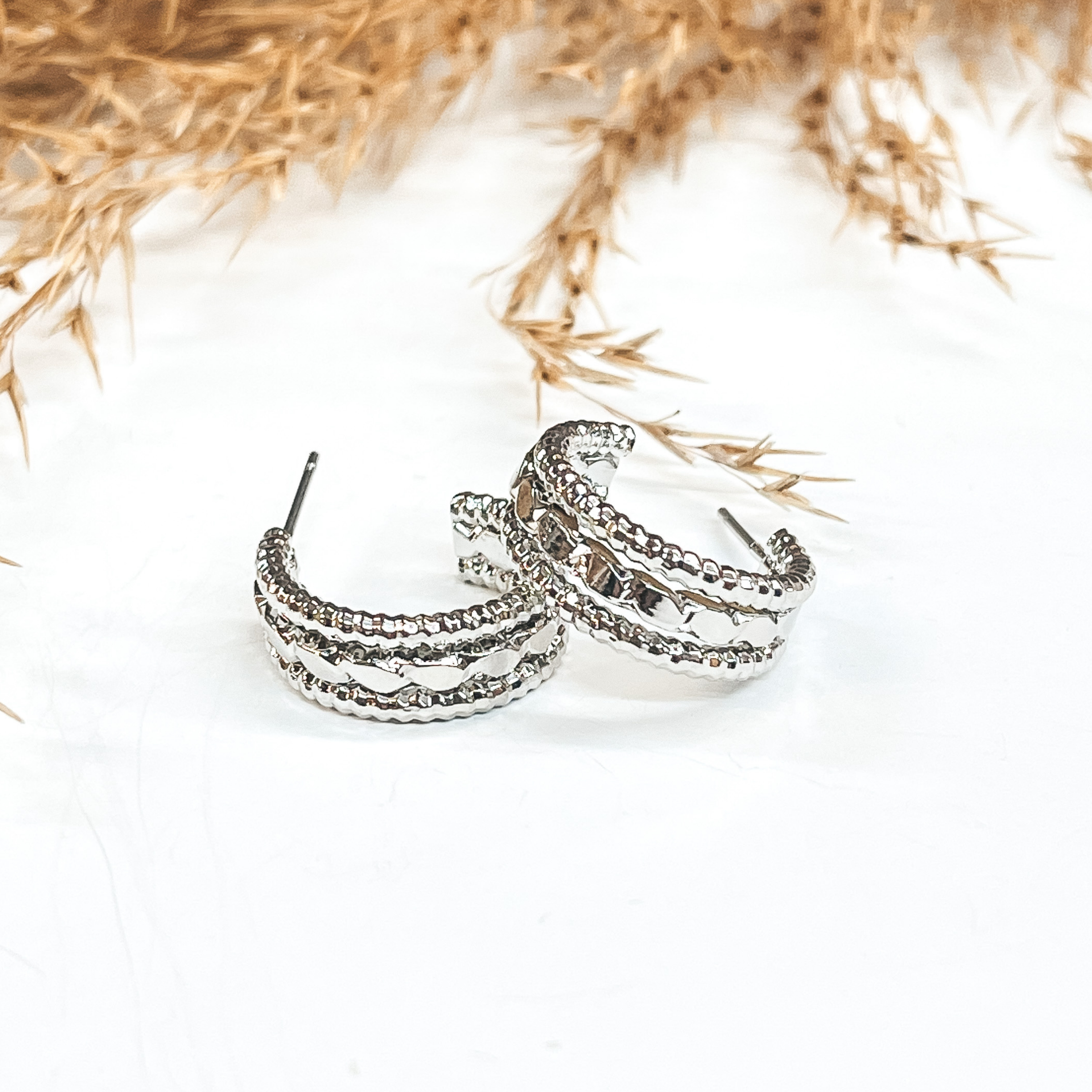 Mini open ended hoop earrings in silver with different rope textures.  These earrings are pictured on a white background  with a brown floral plant in the back as decor.