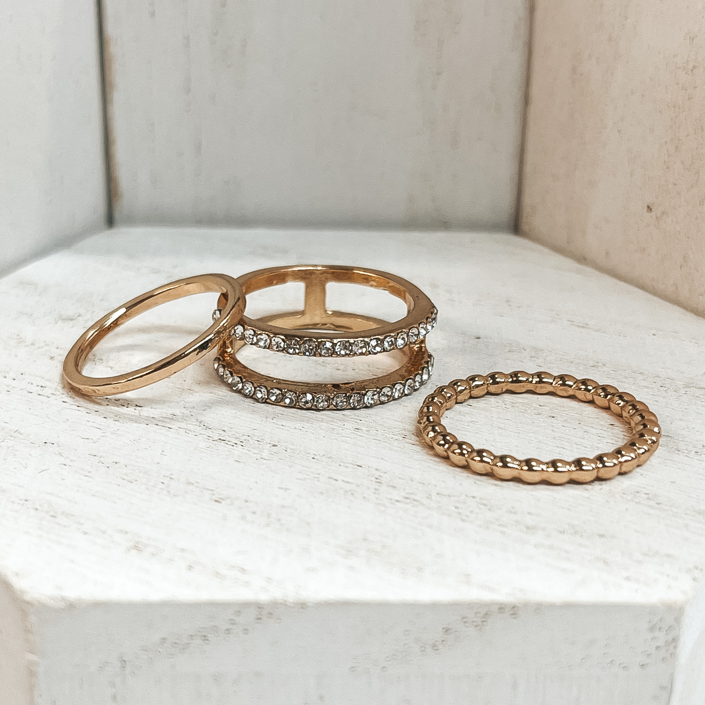 Set of 5 | Multi Textured Ring Set in Gold Tone with Clear CZ Crystals - Giddy Up Glamour Boutique