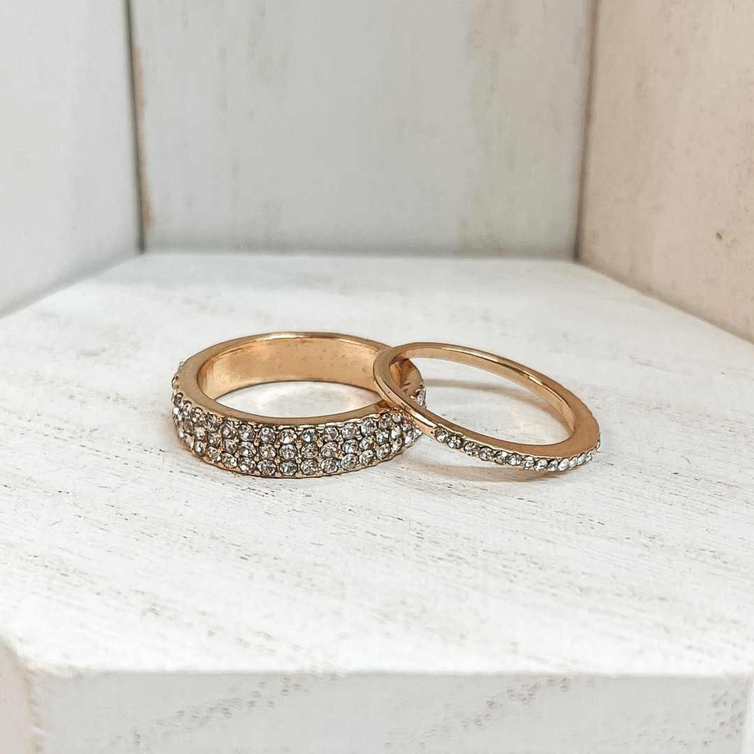 Set of 5 | Multi Textured Ring Set in Gold Tone with Clear CZ Crystals - Giddy Up Glamour Boutique