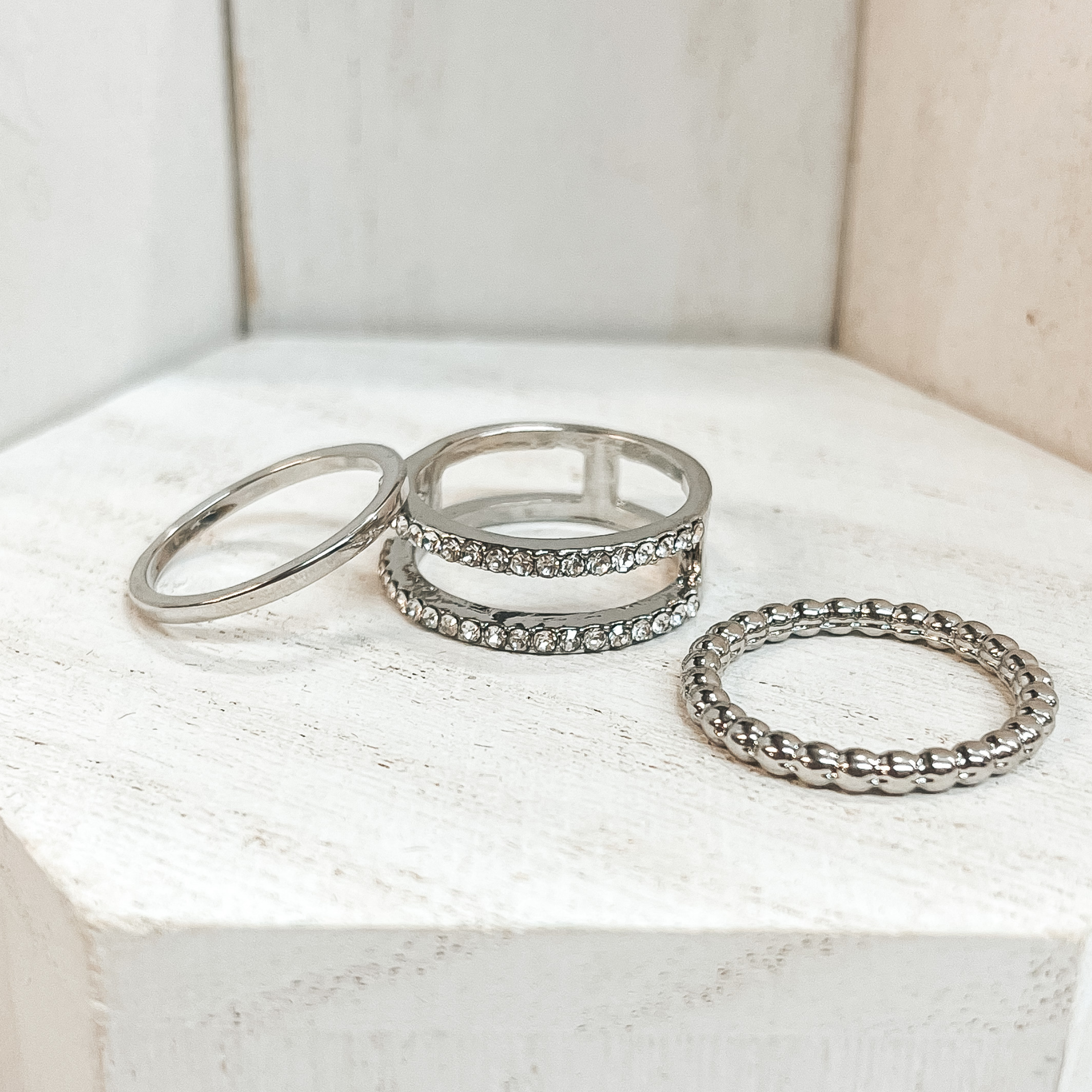 Set of 5 | Multi Textured Ring Set in Silver Tone with Clear CZ Crystals - Giddy Up Glamour Boutique