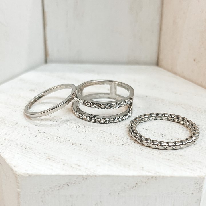 Set of 5 | Multi Textured Ring Set in Silver Tone with Clear CZ Crystals - Giddy Up Glamour Boutique
