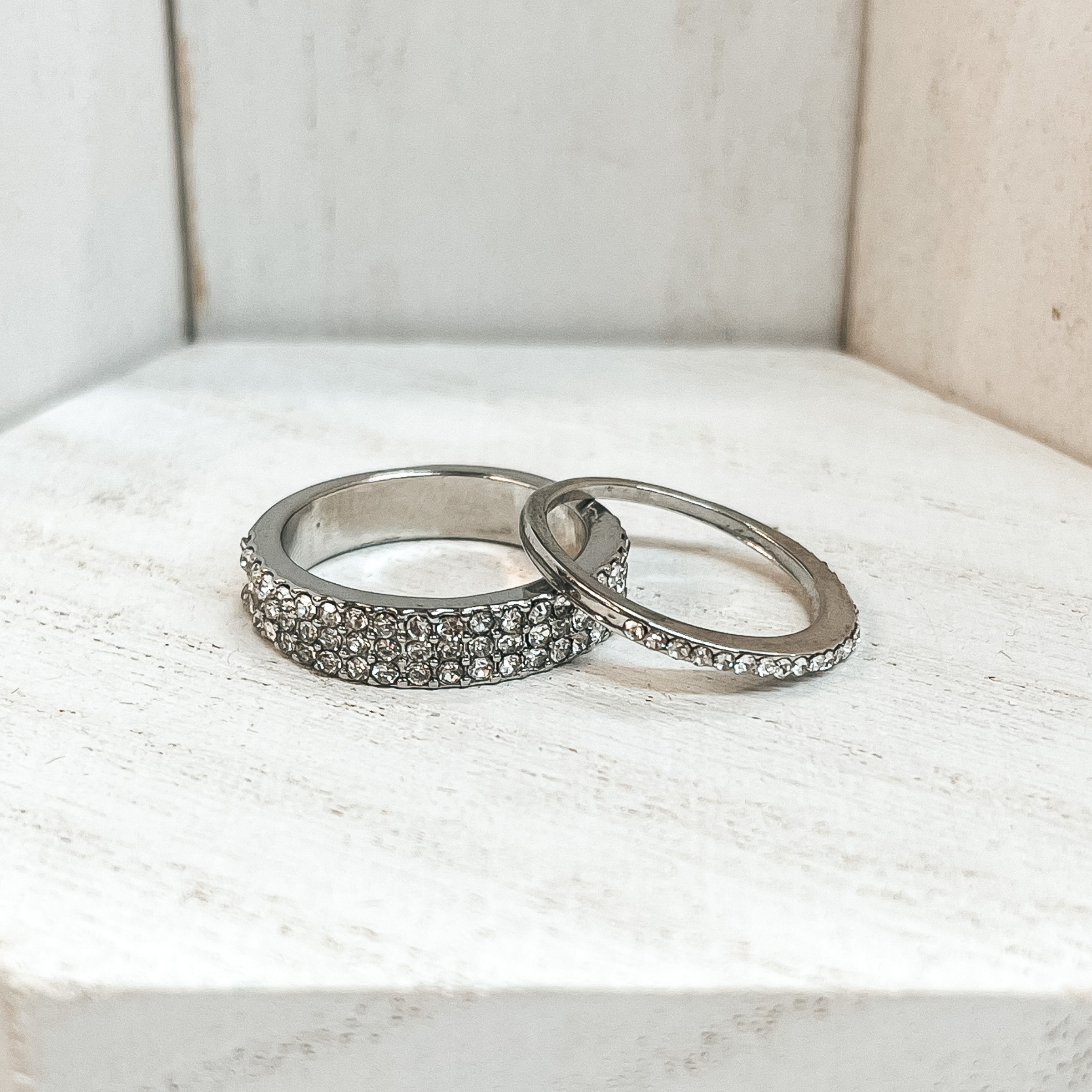 Set of 5 | Multi Textured Ring Set in Silver Tone with Clear CZ Crystals - Giddy Up Glamour Boutique