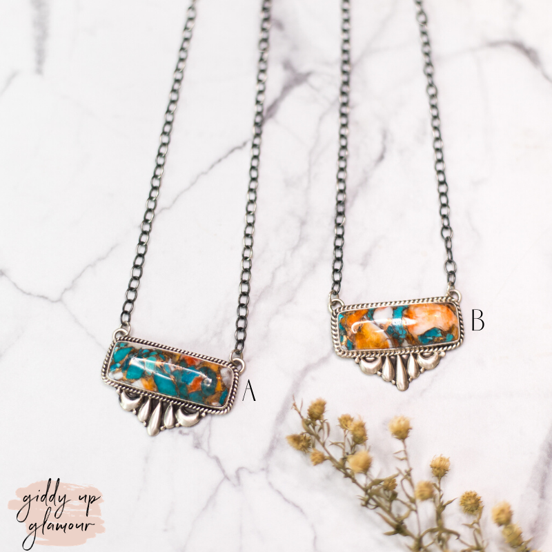Begay | Navajo Handmade Sterling Silver Chain Bar Necklace with Turquoise, White Buffalo and Orange Spiny Oyster Matric - Giddy Up Glamour Boutique