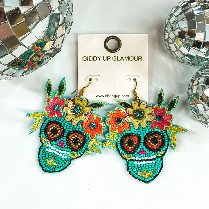 turquoise beaded sugar skull earrings with flowers
