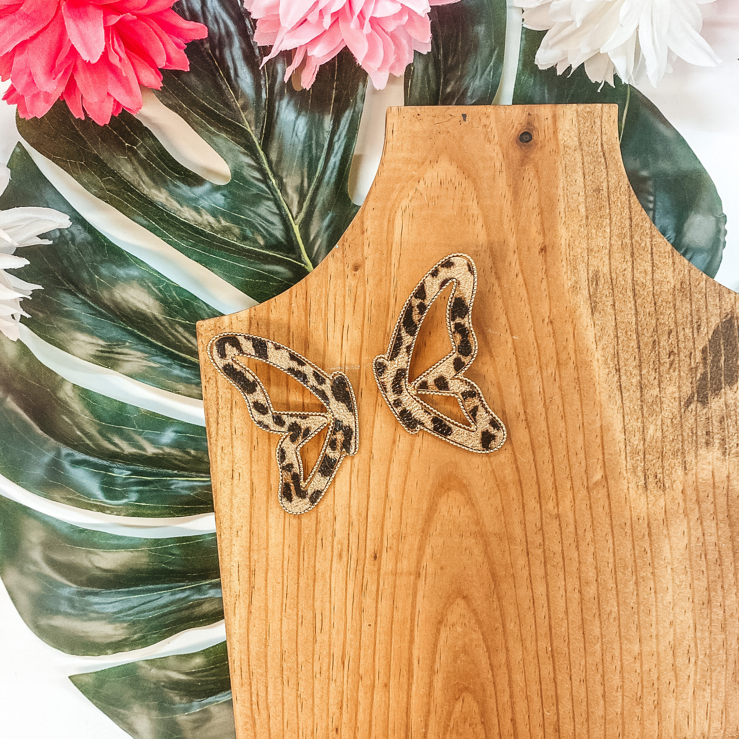 Butterfly Kisses Leather Butterfly Earrings with Gold Trim in Leopard Print - Giddy Up Glamour Boutique