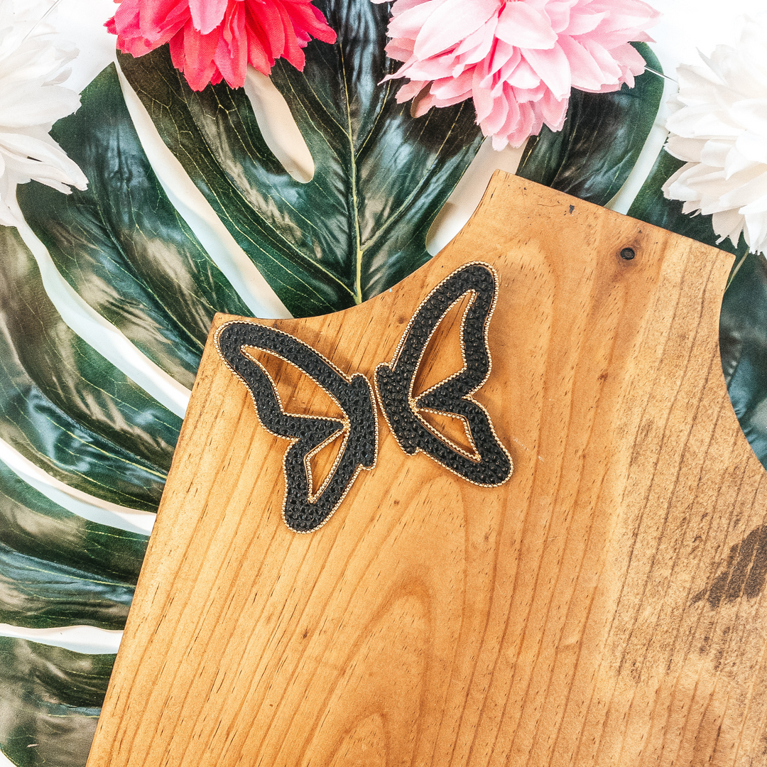 Butterfly Kisses Leather Butterfly Earrings with Gold Trim in Black - Giddy Up Glamour Boutique