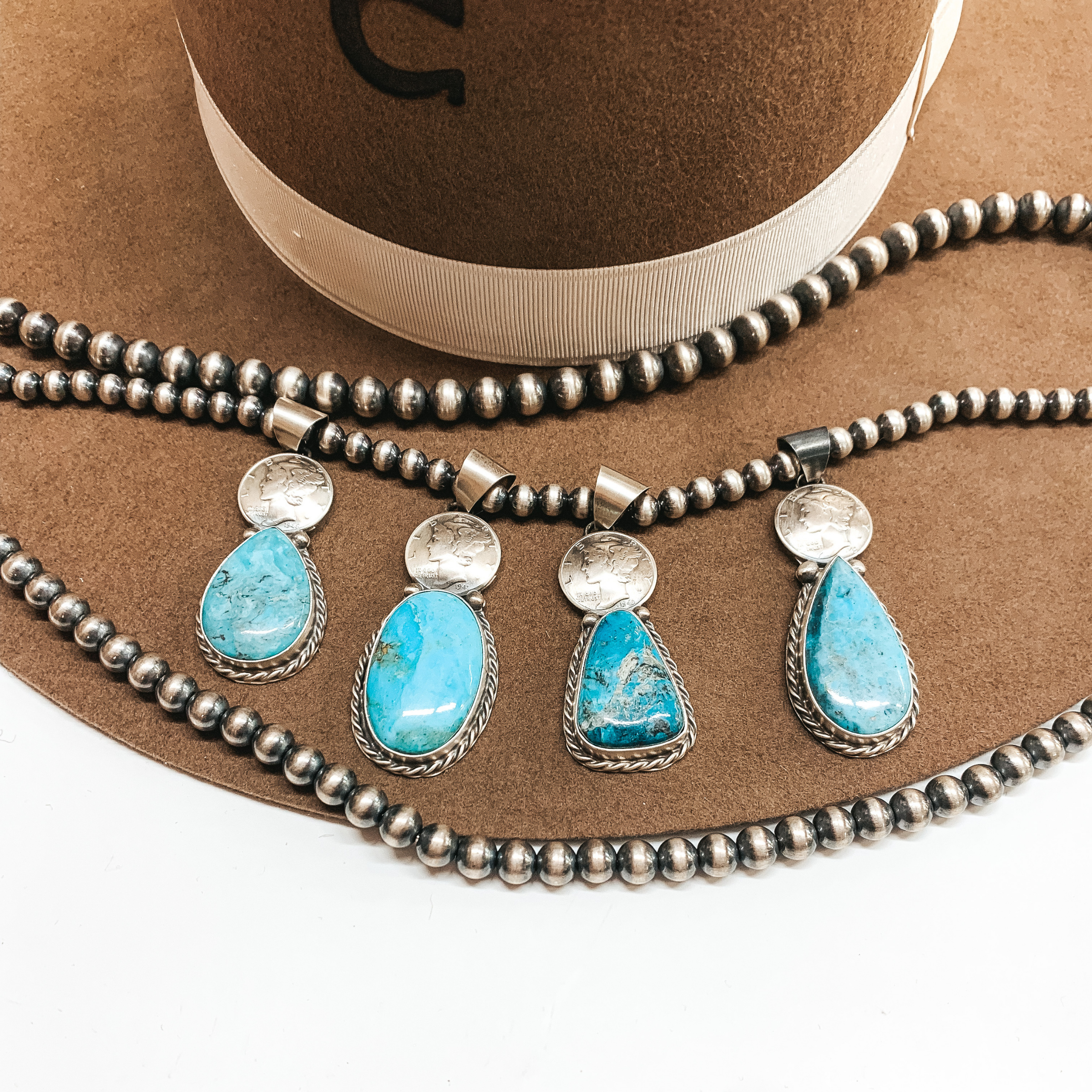 Betta Lee | Navajo Handmade Coin Pendant with Kingman Turquoise Drop