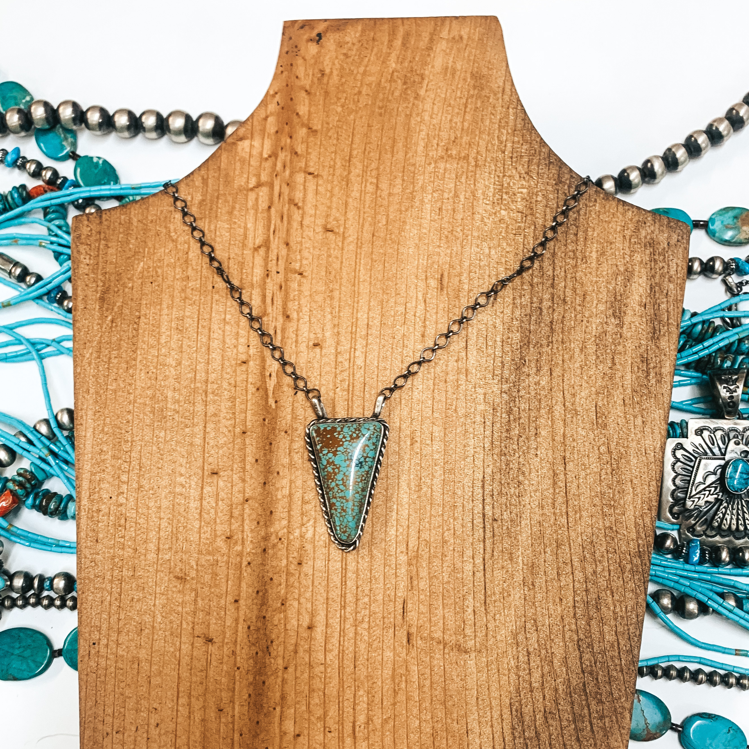 Merle House | Navajo Handmade Genuine Sterling Silver and Triangle Kingman Turquoise Pendant Necklace - Giddy Up Glamour Boutique