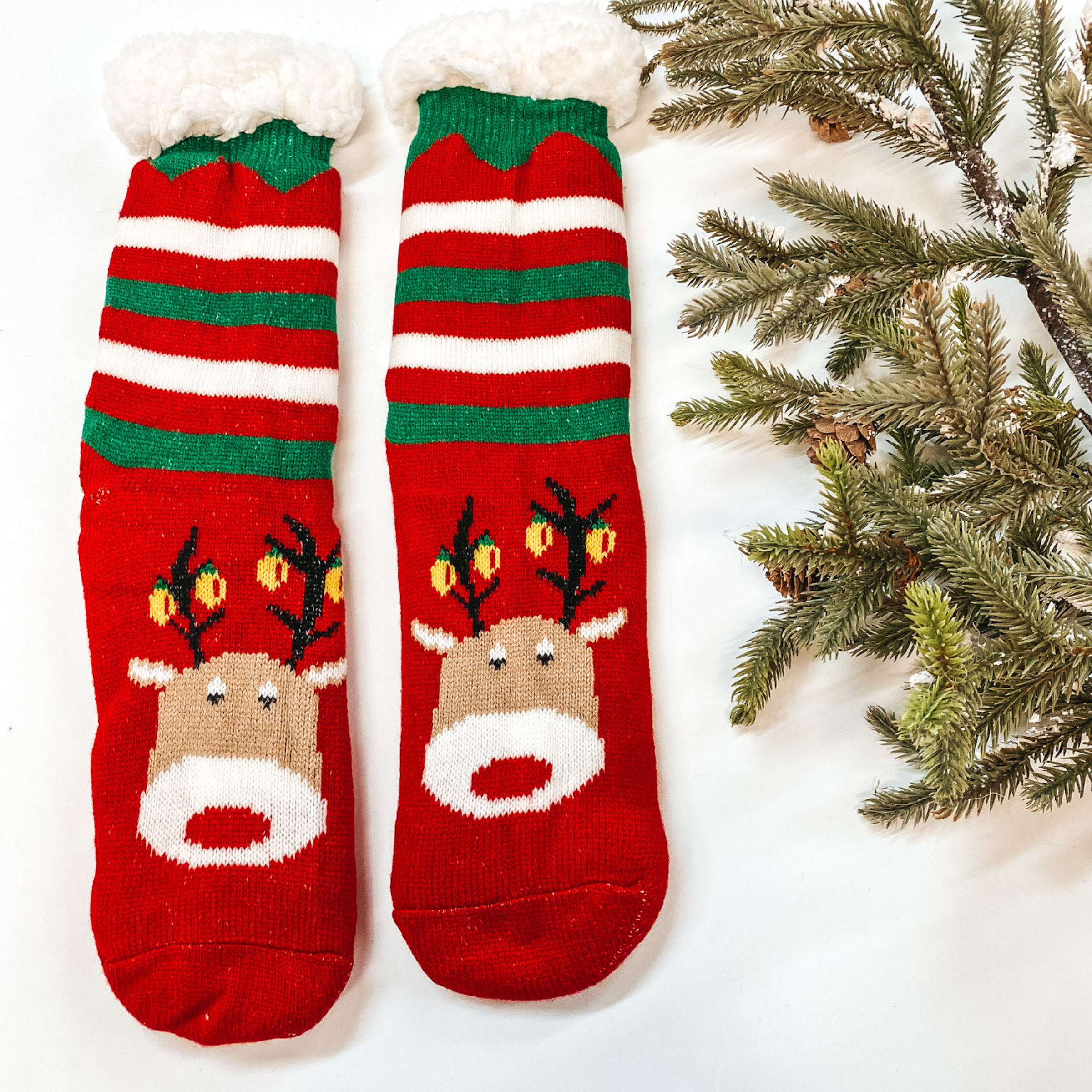 Reindeer with Holiday Lights Striped Sherpa Socks in Red and Green - Giddy Up Glamour Boutique
