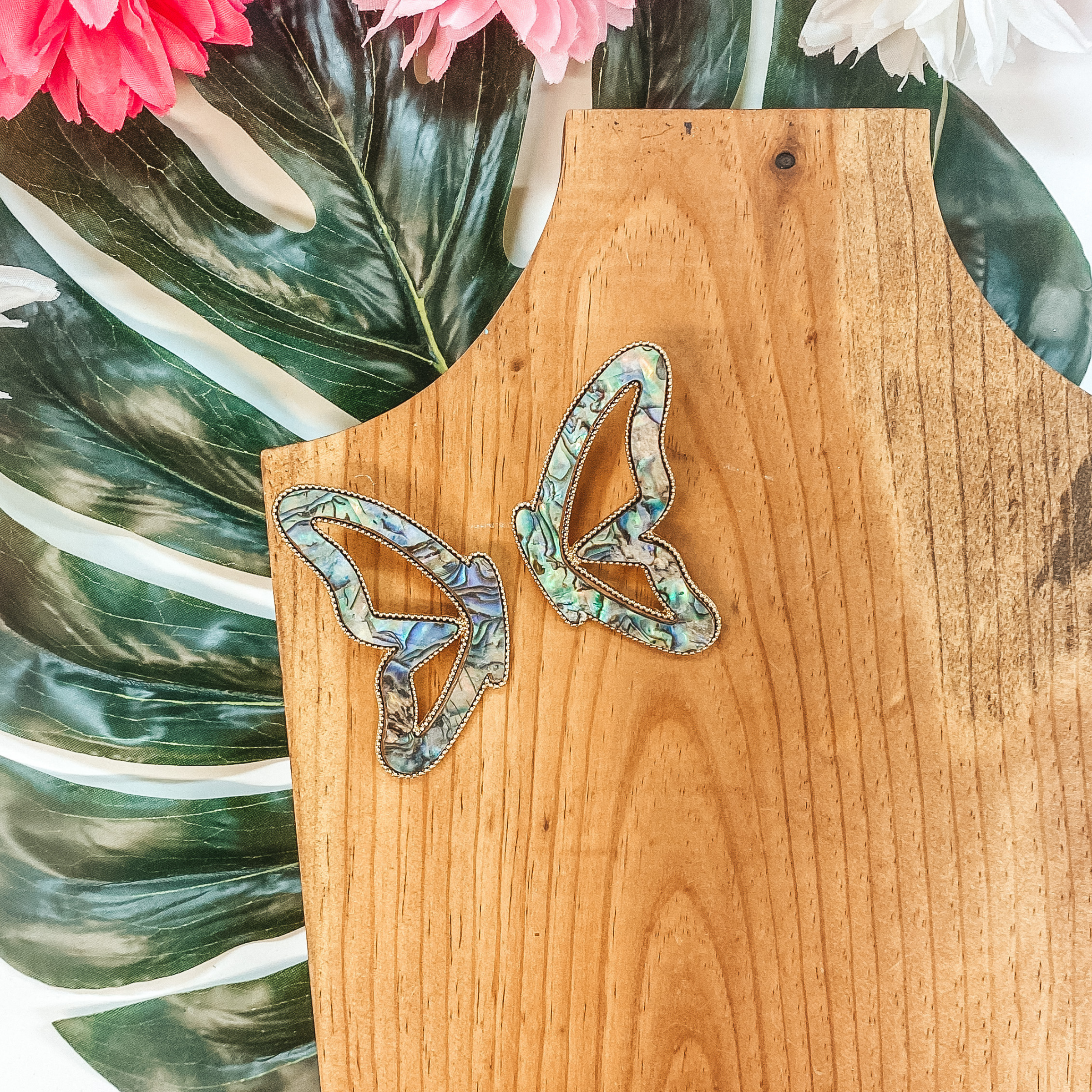 Butterfly Kisses Shell Butterfly Earrings with Gold Trim in Abalone - Giddy Up Glamour Boutique